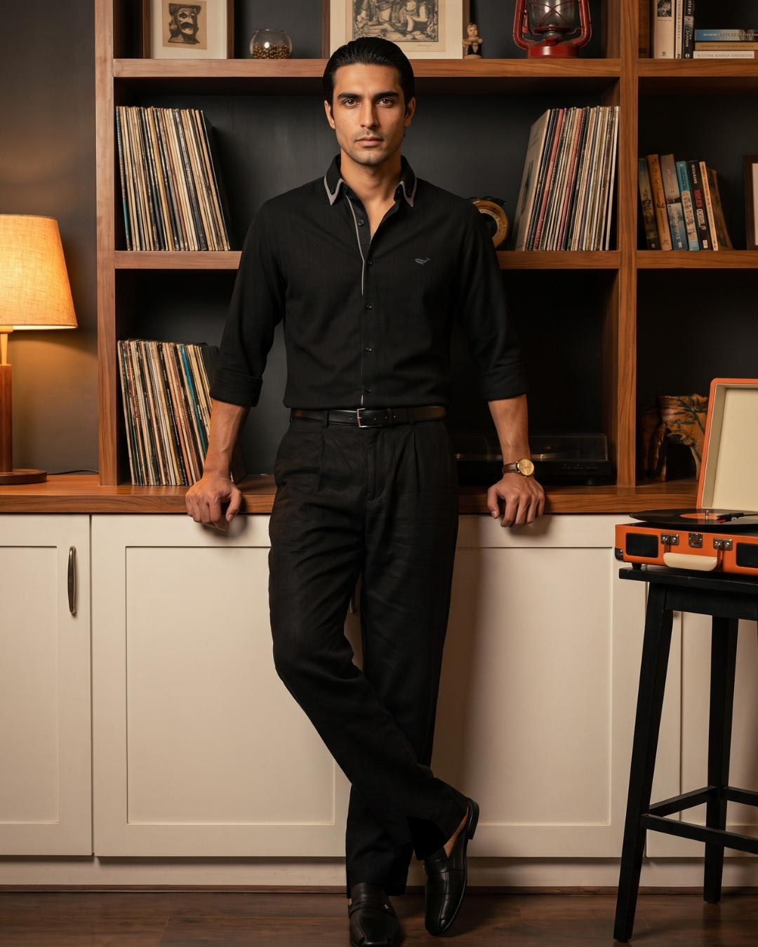 Midnight Black Grid–Tonal Buttons With Contrast Collar Shirt