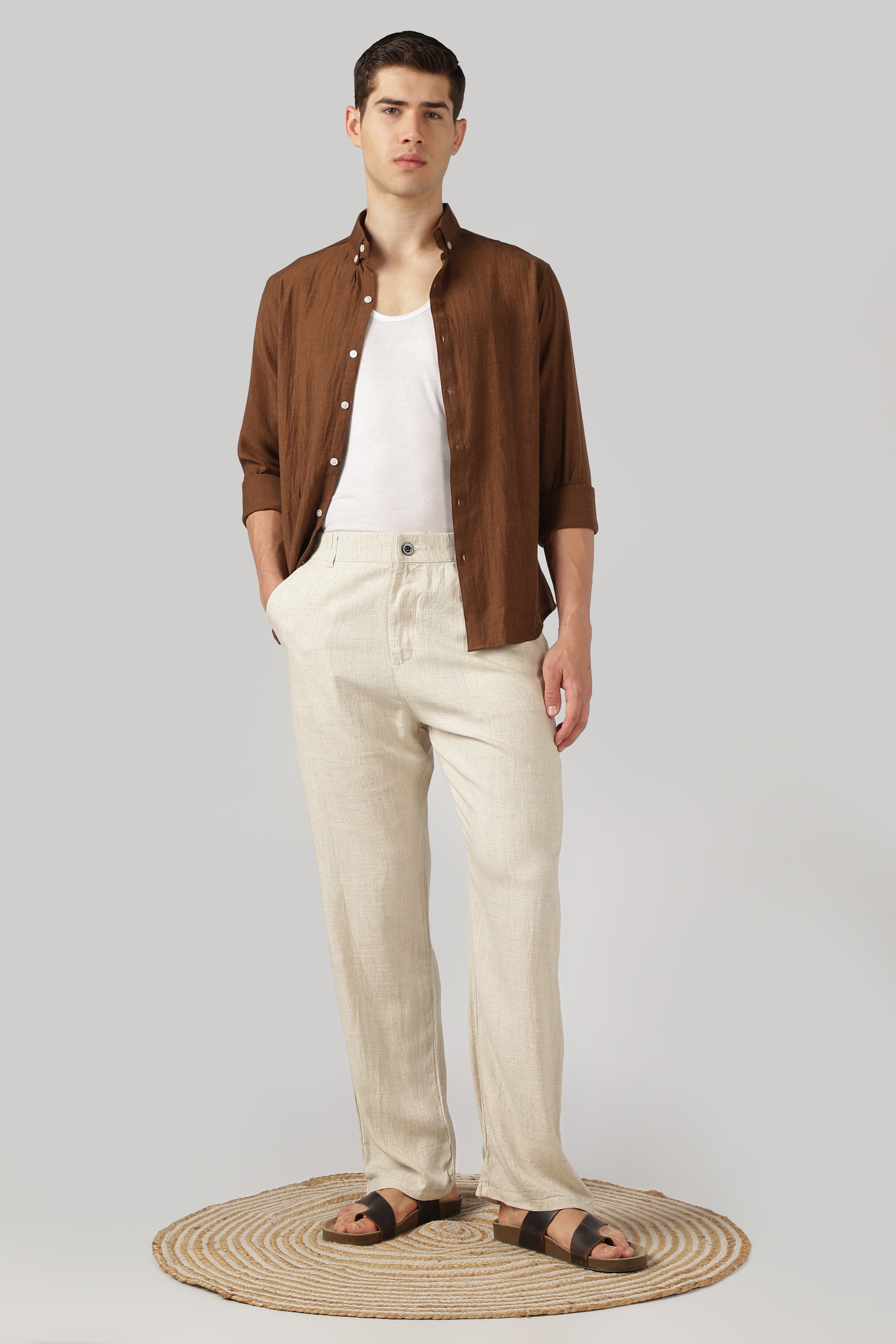 Linen-style 100% Cotton Straight Fit Beige Pant