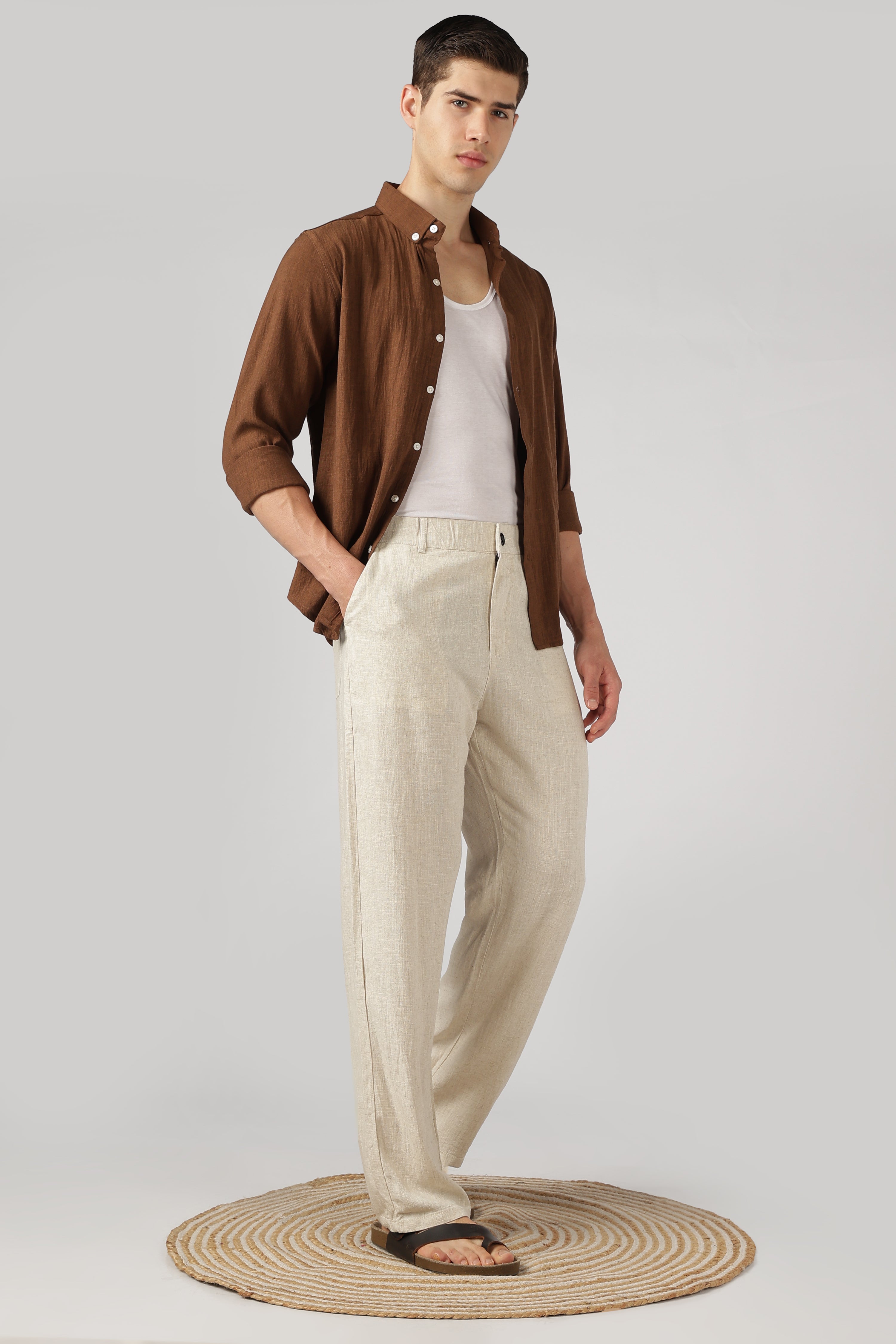 Linen-style 100% Cotton Straight Fit Beige Pant