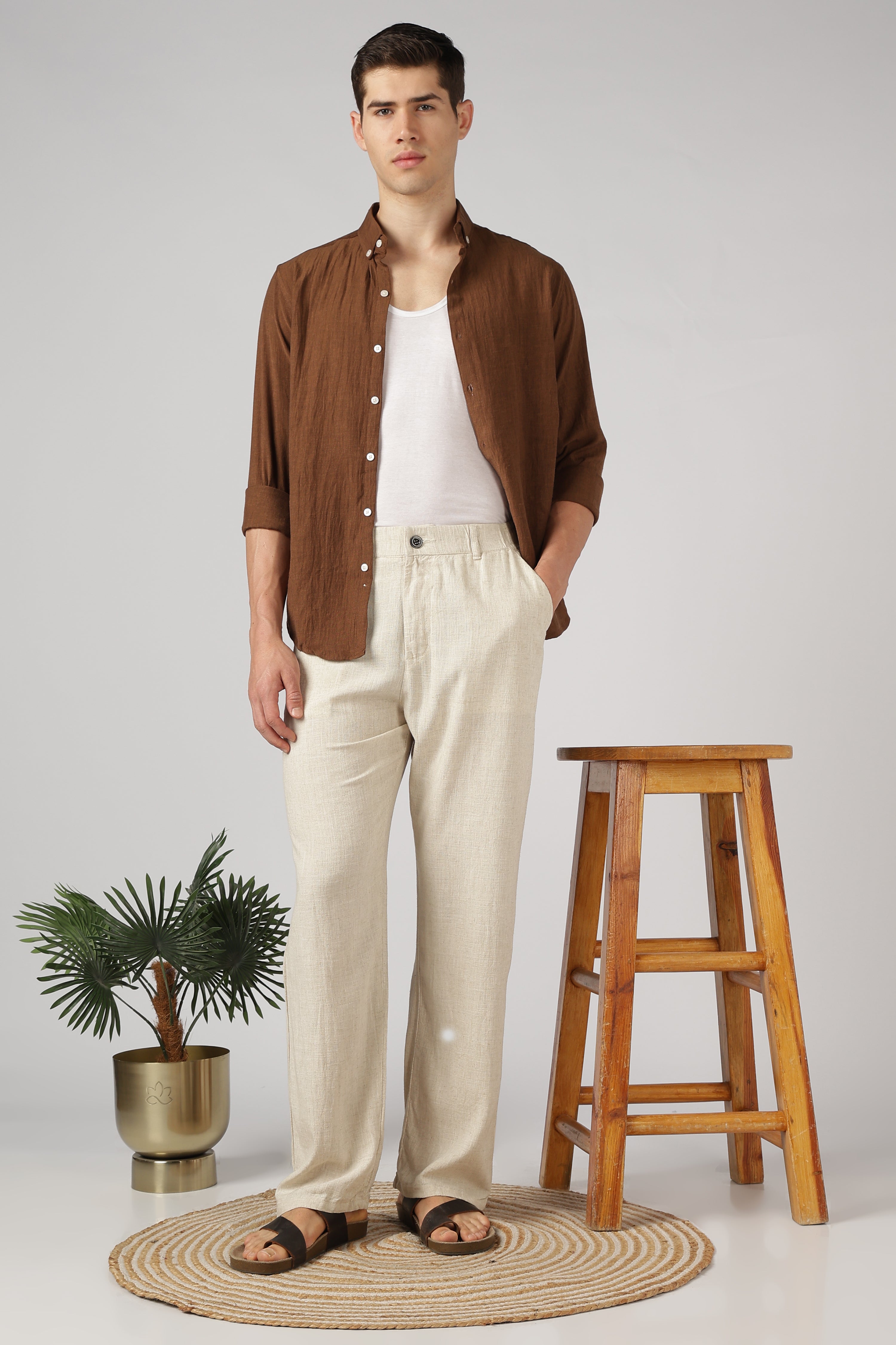 Linen-style 100% Cotton Straight Fit Beige Pant