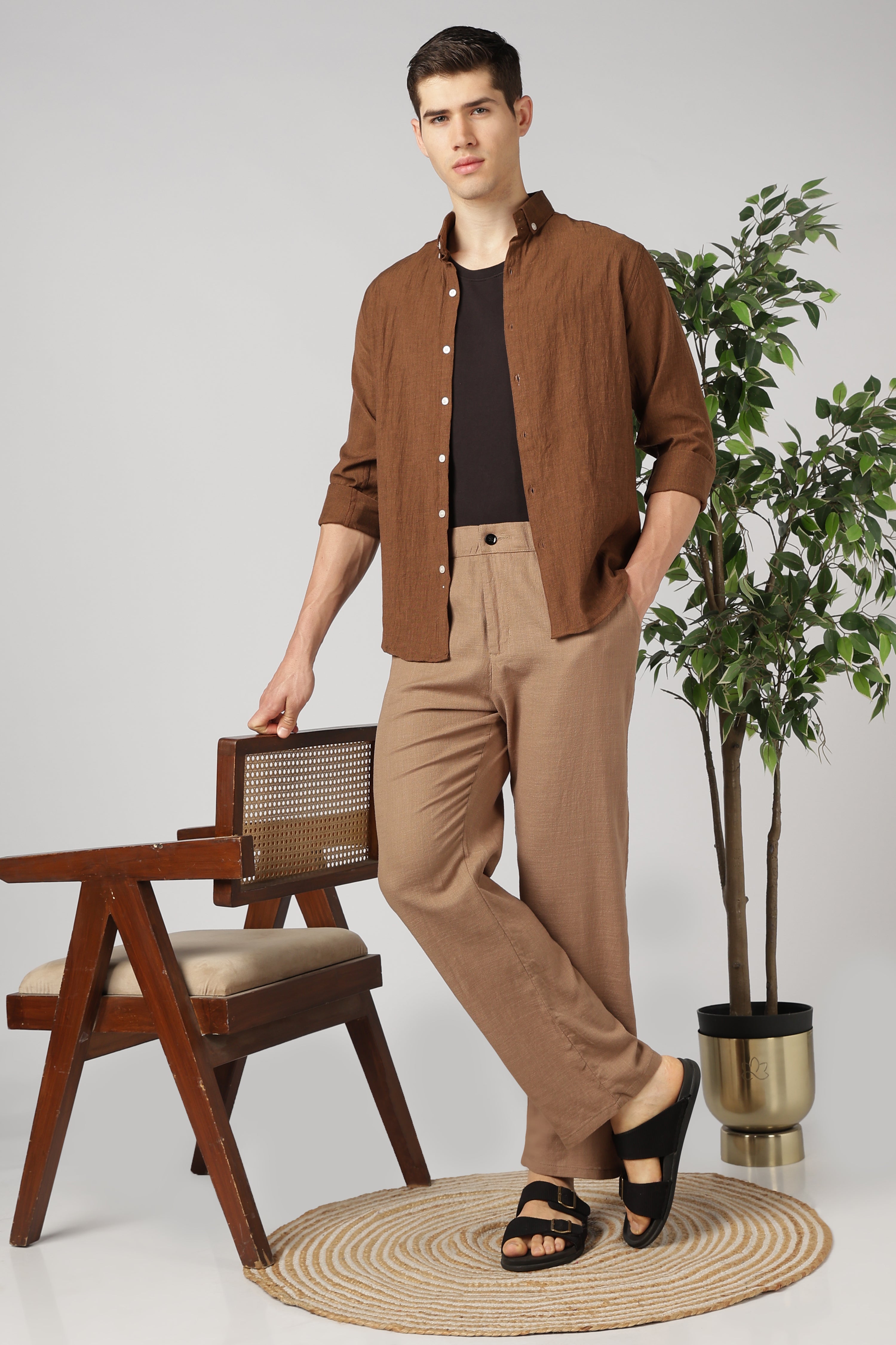 Linen-style 100% Cotton Relaxed  Fit Brown Pant
