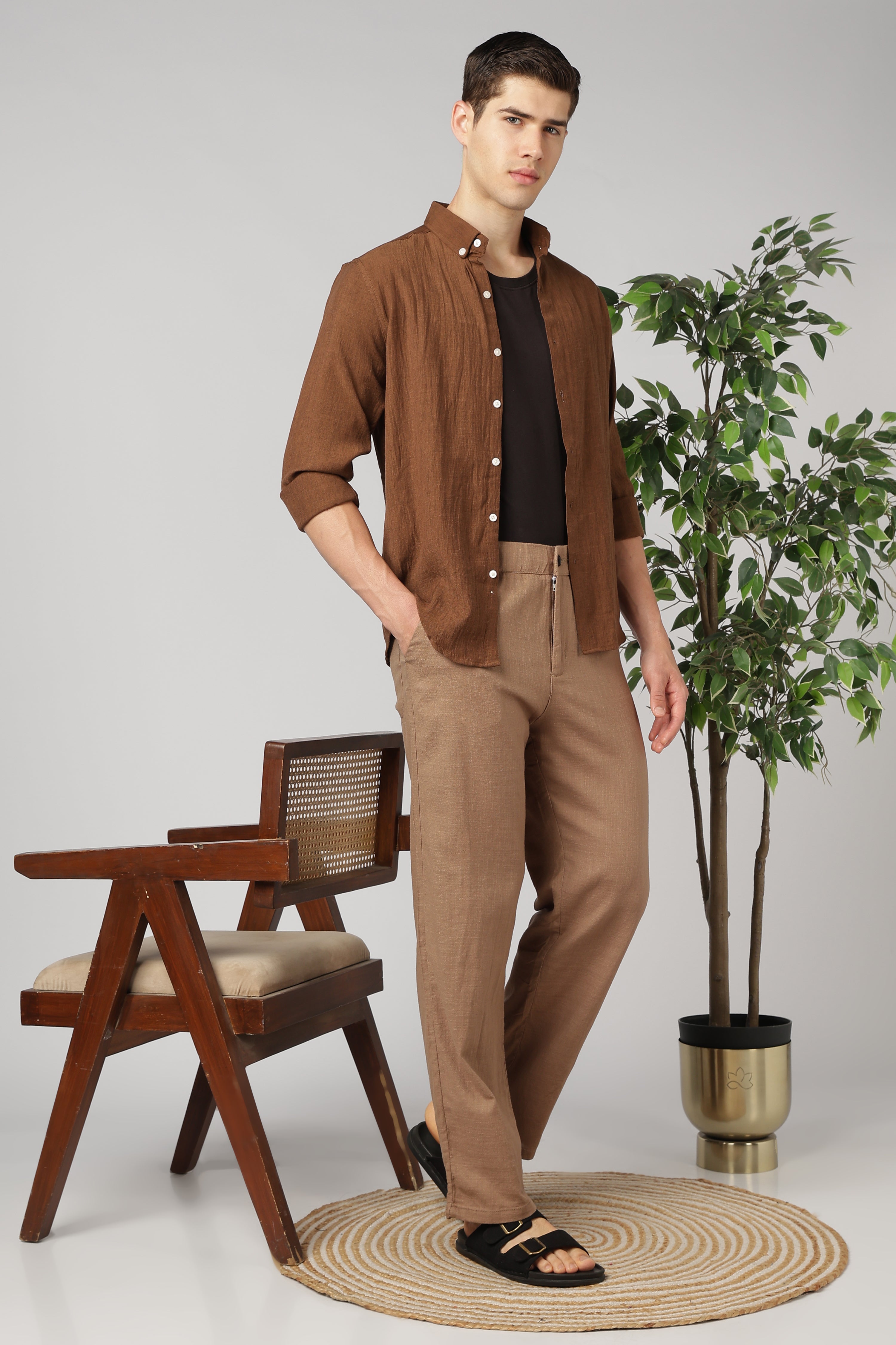 Linen-style 100% Cotton Relaxed  Fit Brown Pant