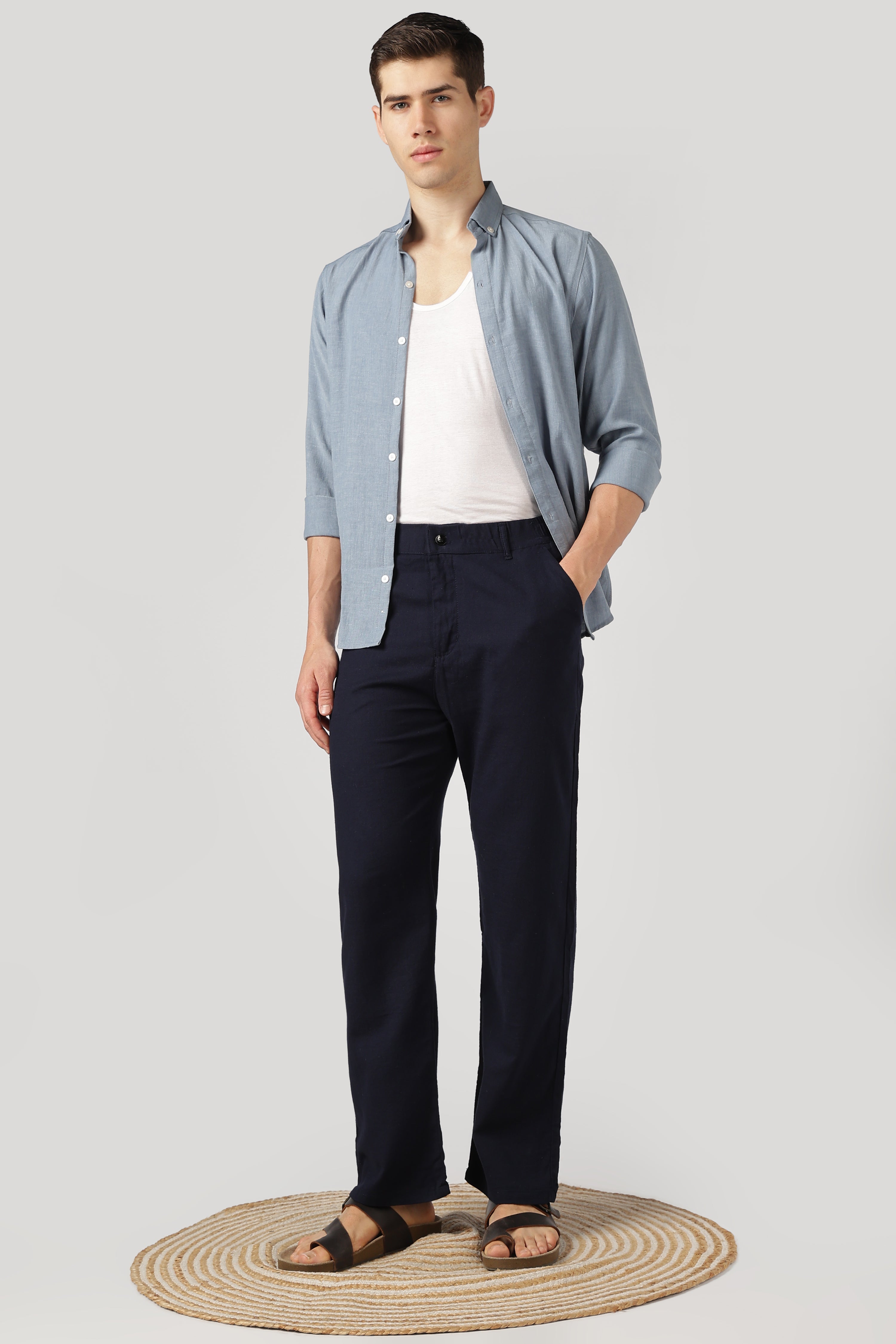 Linen-style 100% Cotton Relaxed  Fit Navy Blue Pant