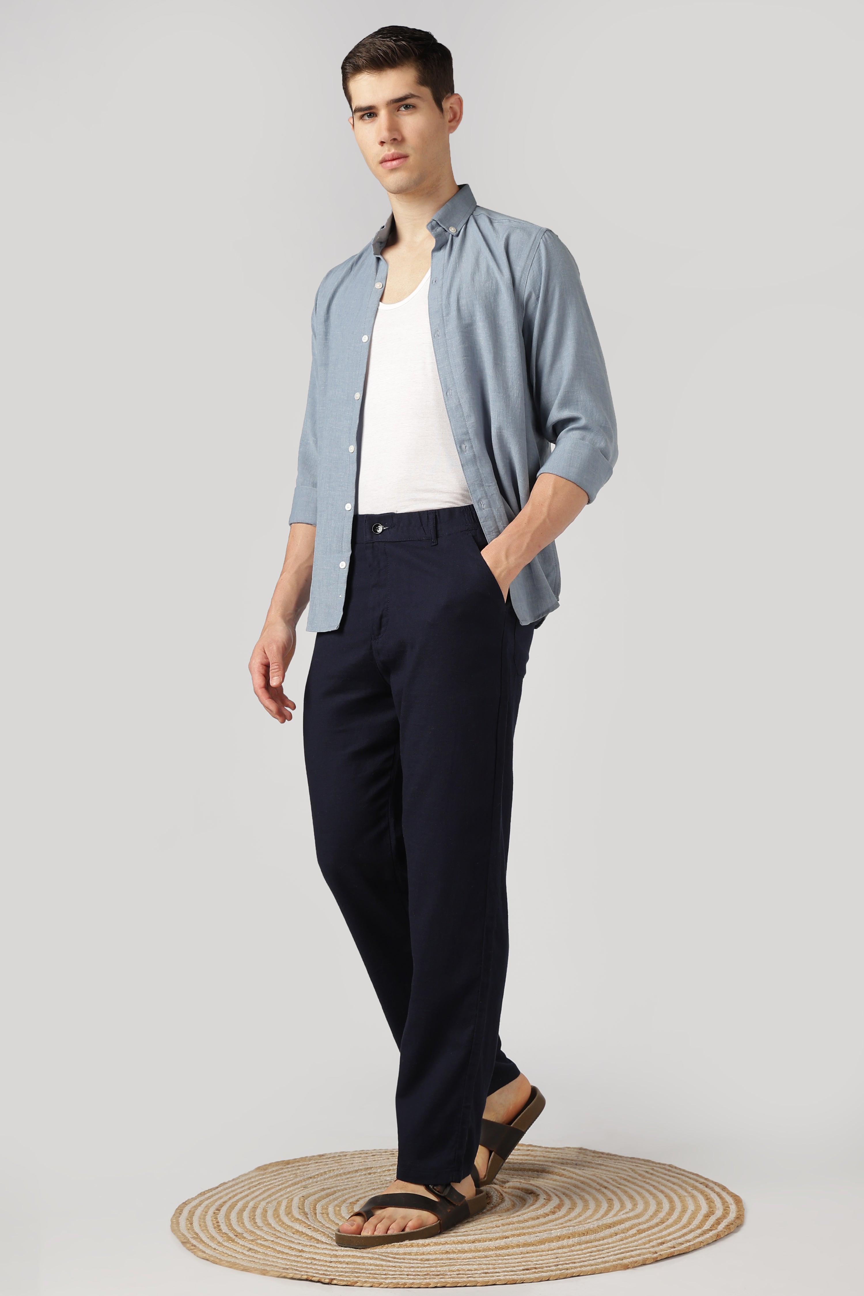 Linen-style 100% Cotton Relaxed  Fit Navy Blue Pant