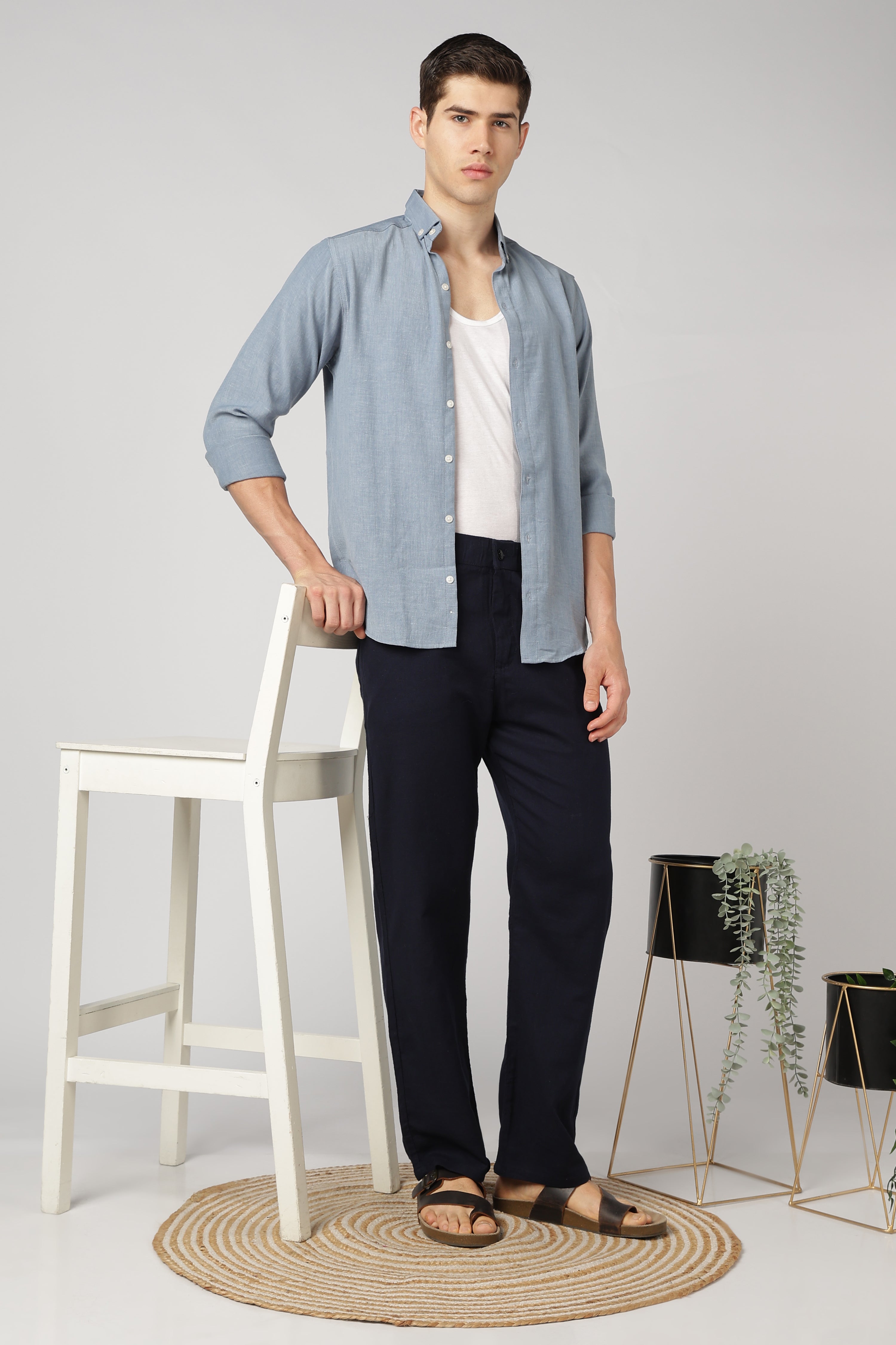 Linen-style 100% Cotton Relaxed  Fit Navy Blue Pant