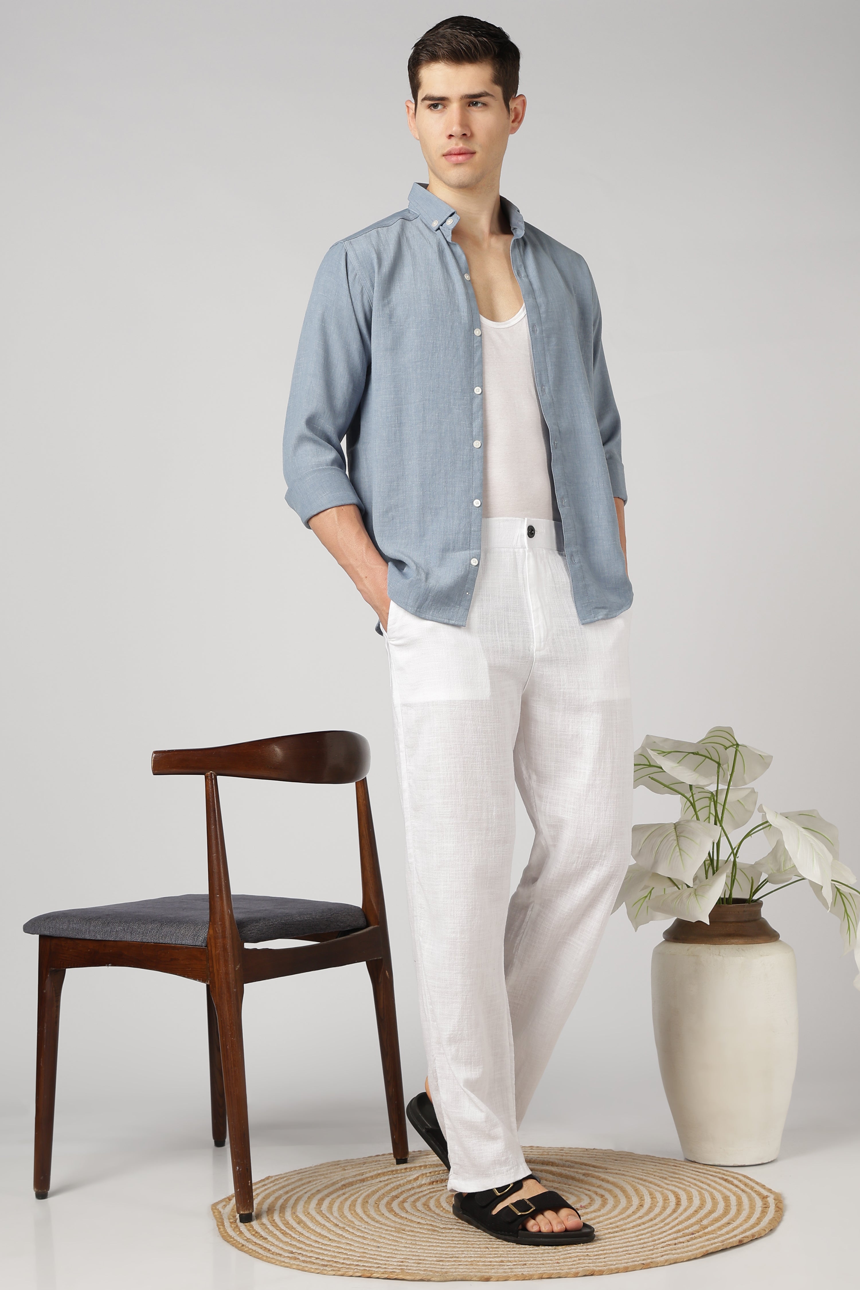 Linen-style 100% Cotton Relaxed  Fit White Pant
