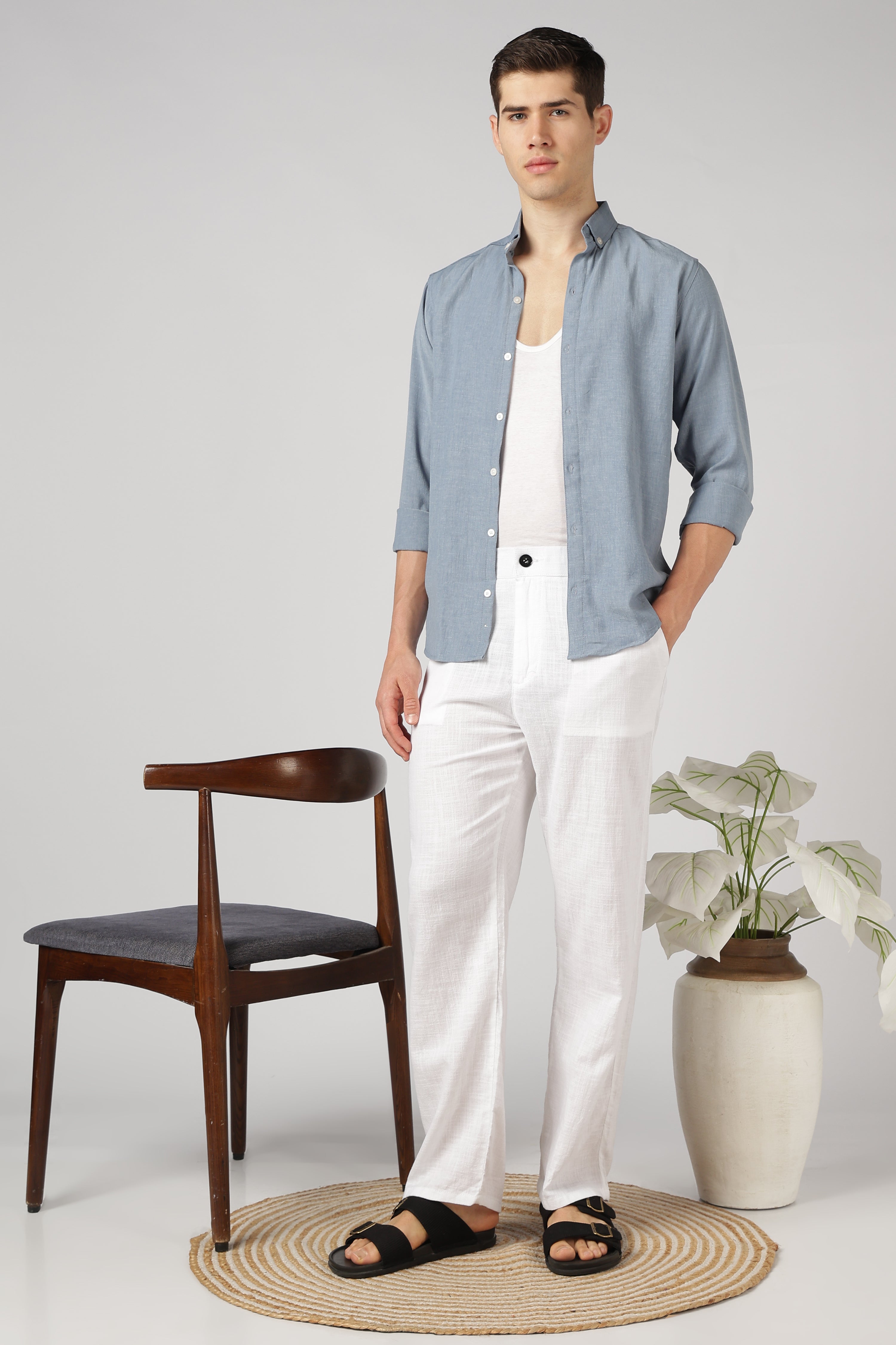 Linen-style 100% Cotton Relaxed  Fit White Pant