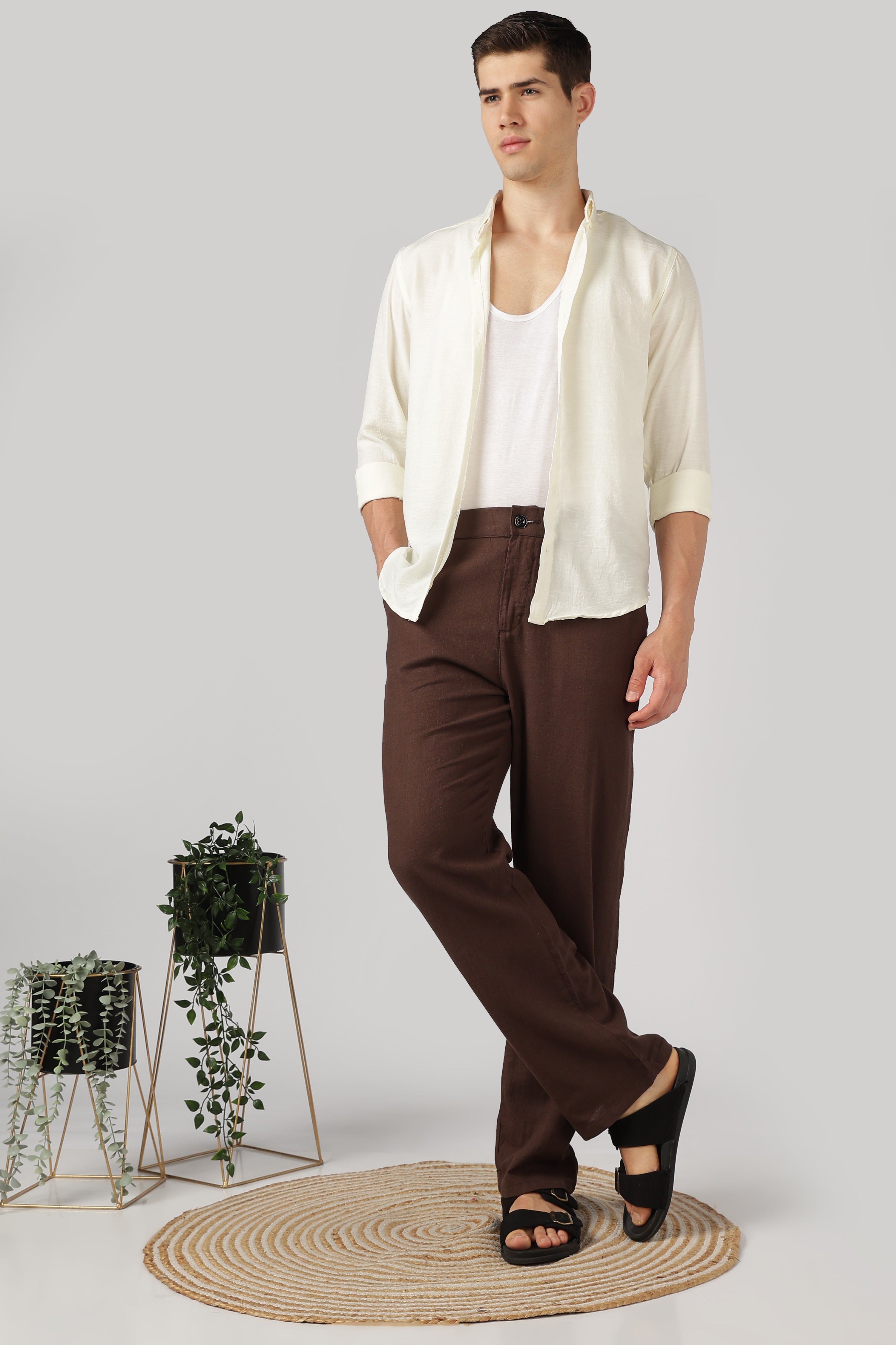 Linen-style 100% Cotton Relaxed  Fit Chocolate Brown Pant