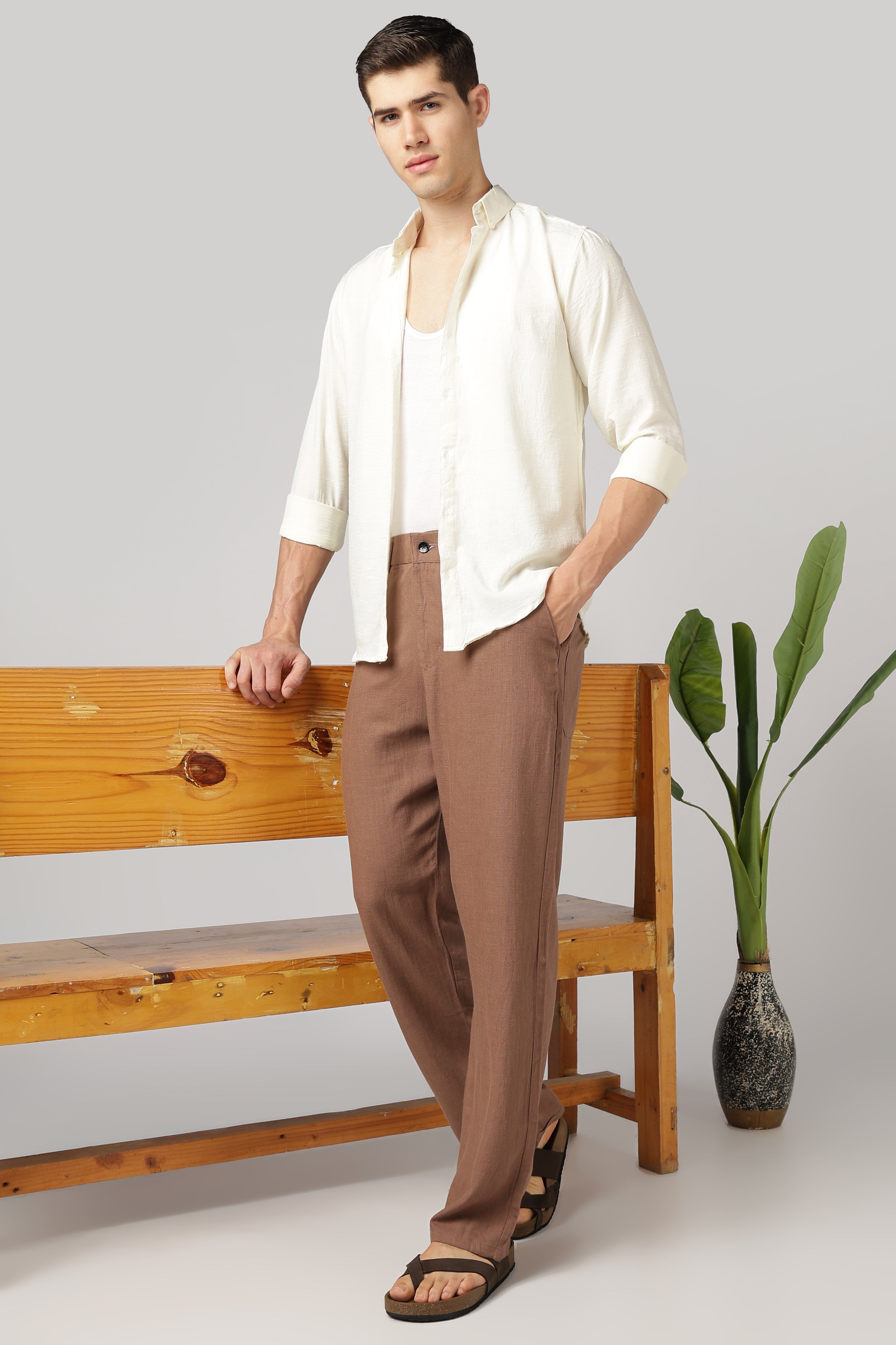 Linen-style 100% Cotton Straight Fit Brown Pant