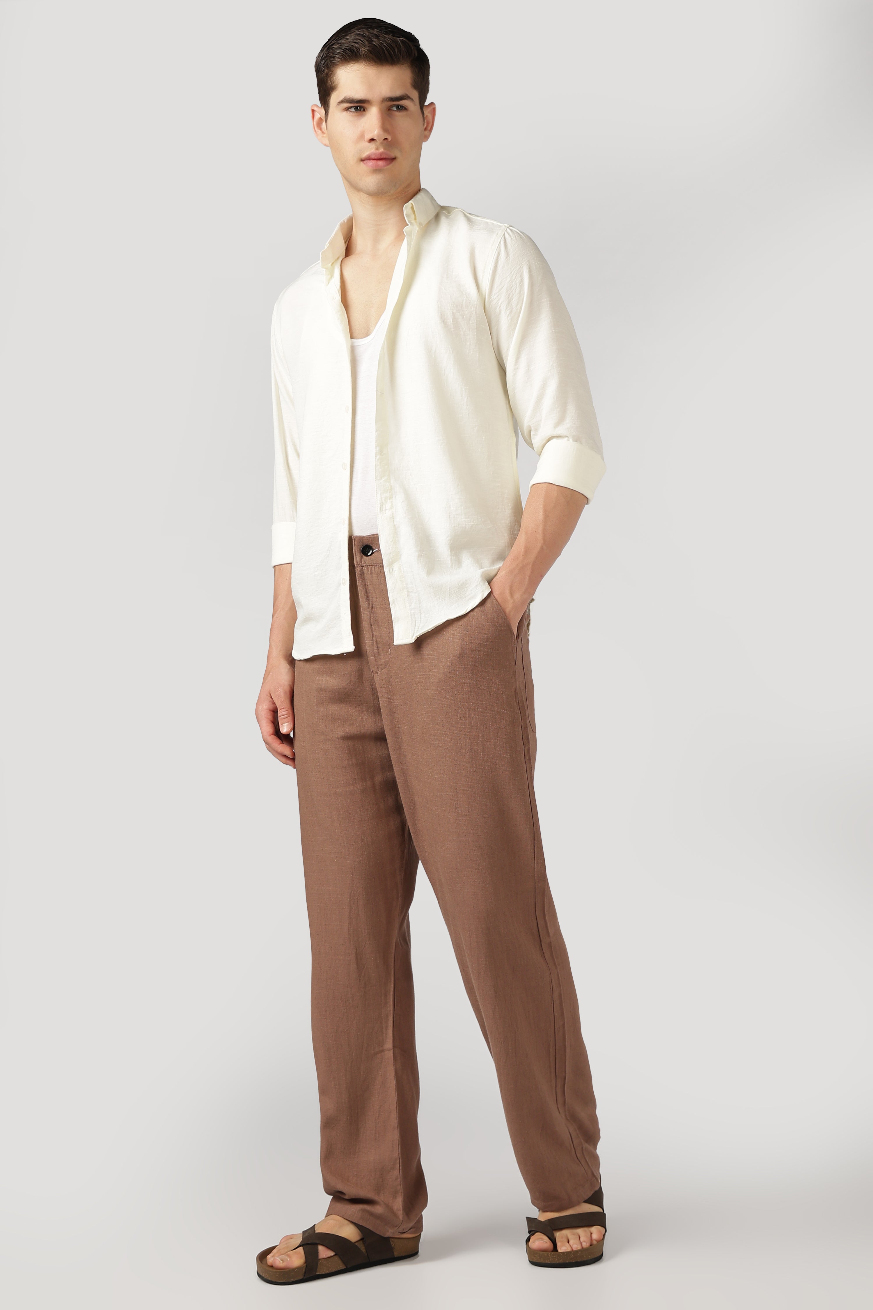 Linen-style 100% Cotton Straight Fit Brown Pant