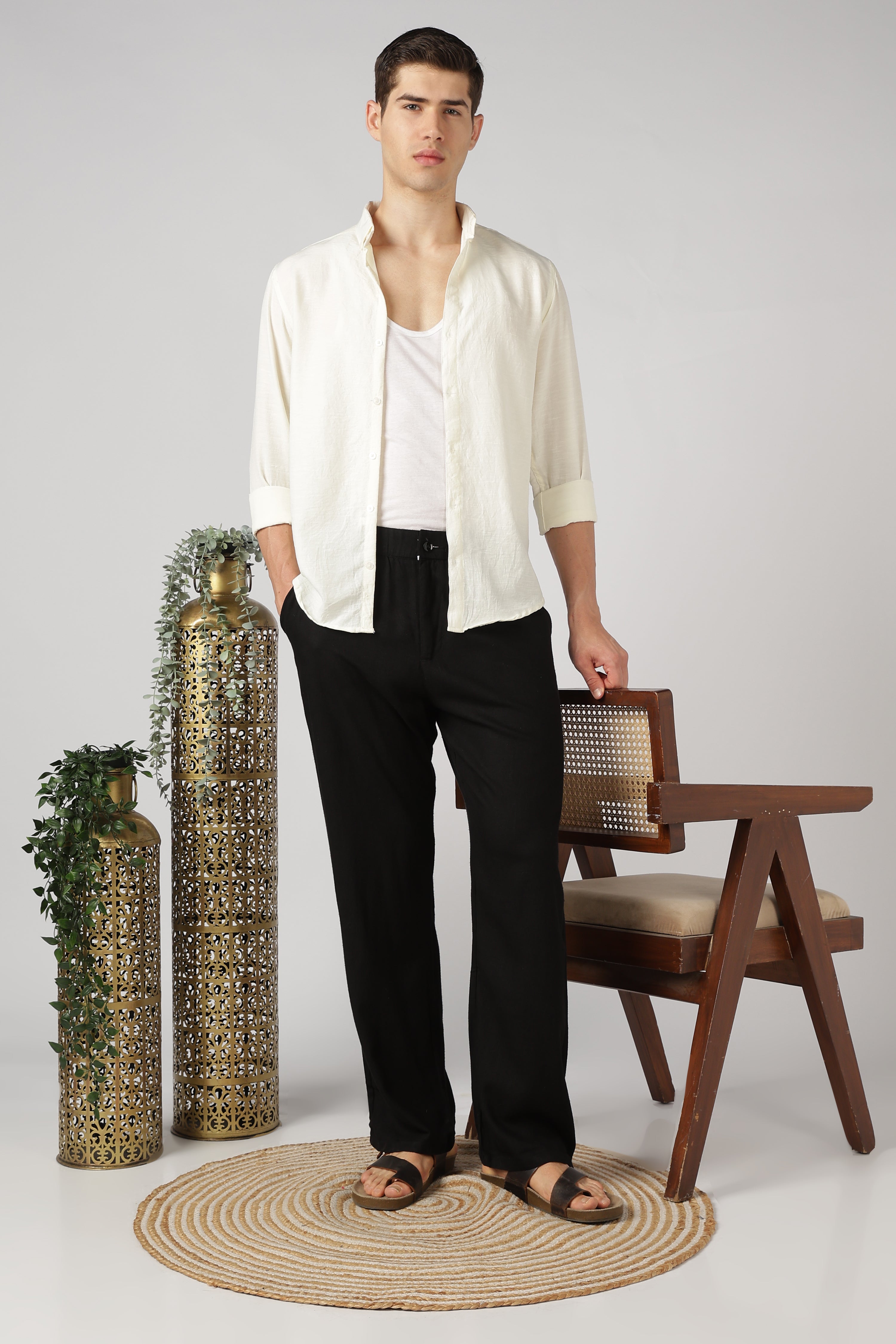 Linen-style 100% Cotton Straight Fit Black Pant