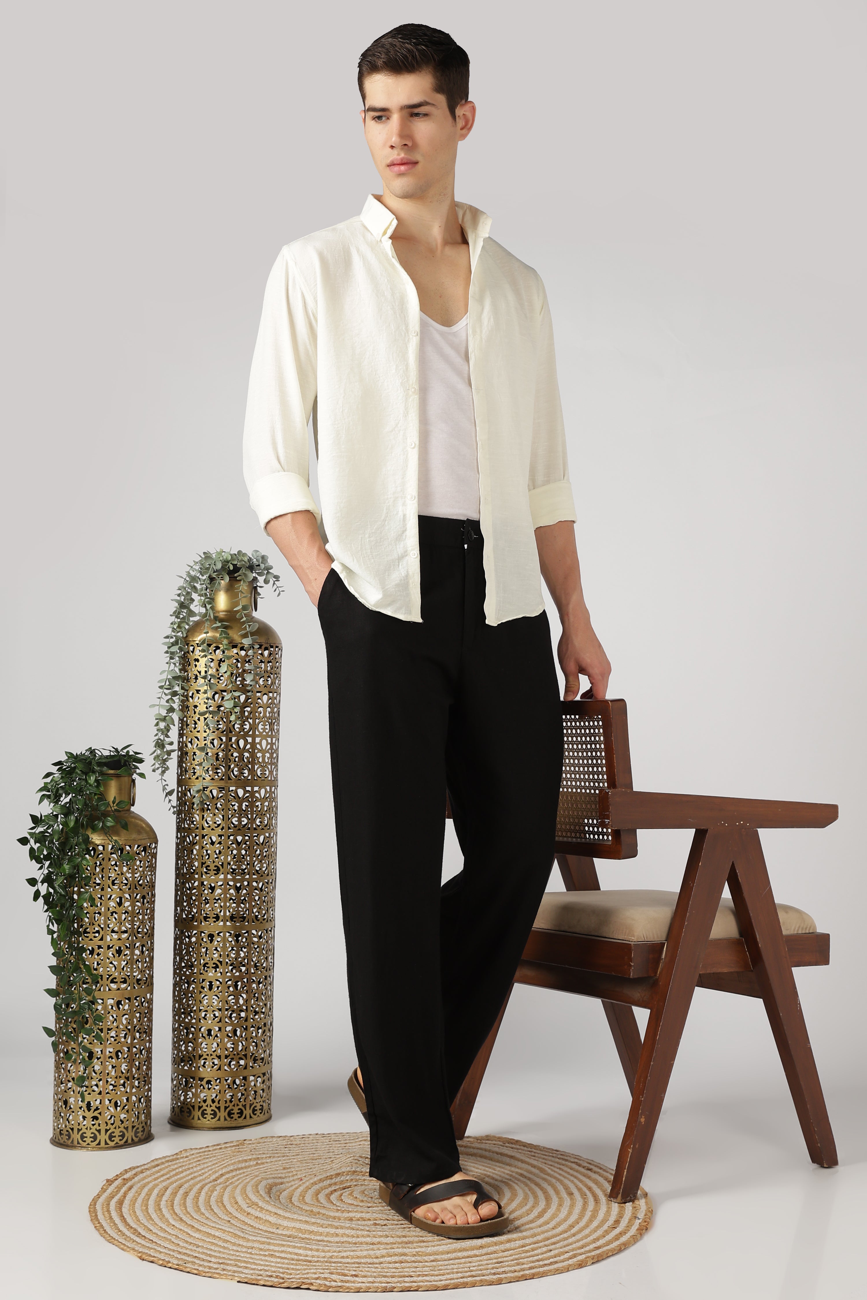 Linen-style 100% Cotton Straight Fit Black Pant