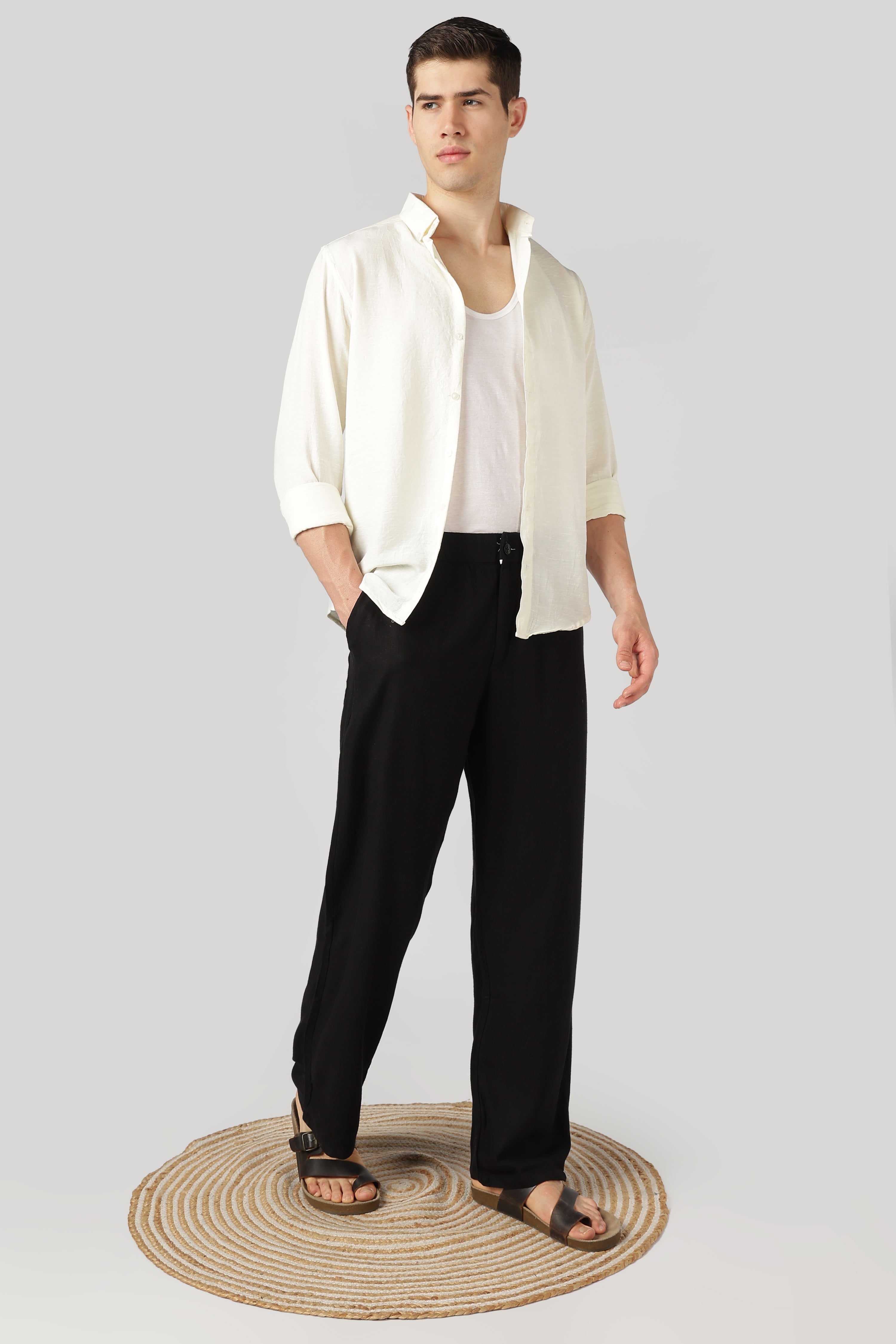 Linen-style 100% Cotton Straight Fit Black Pant