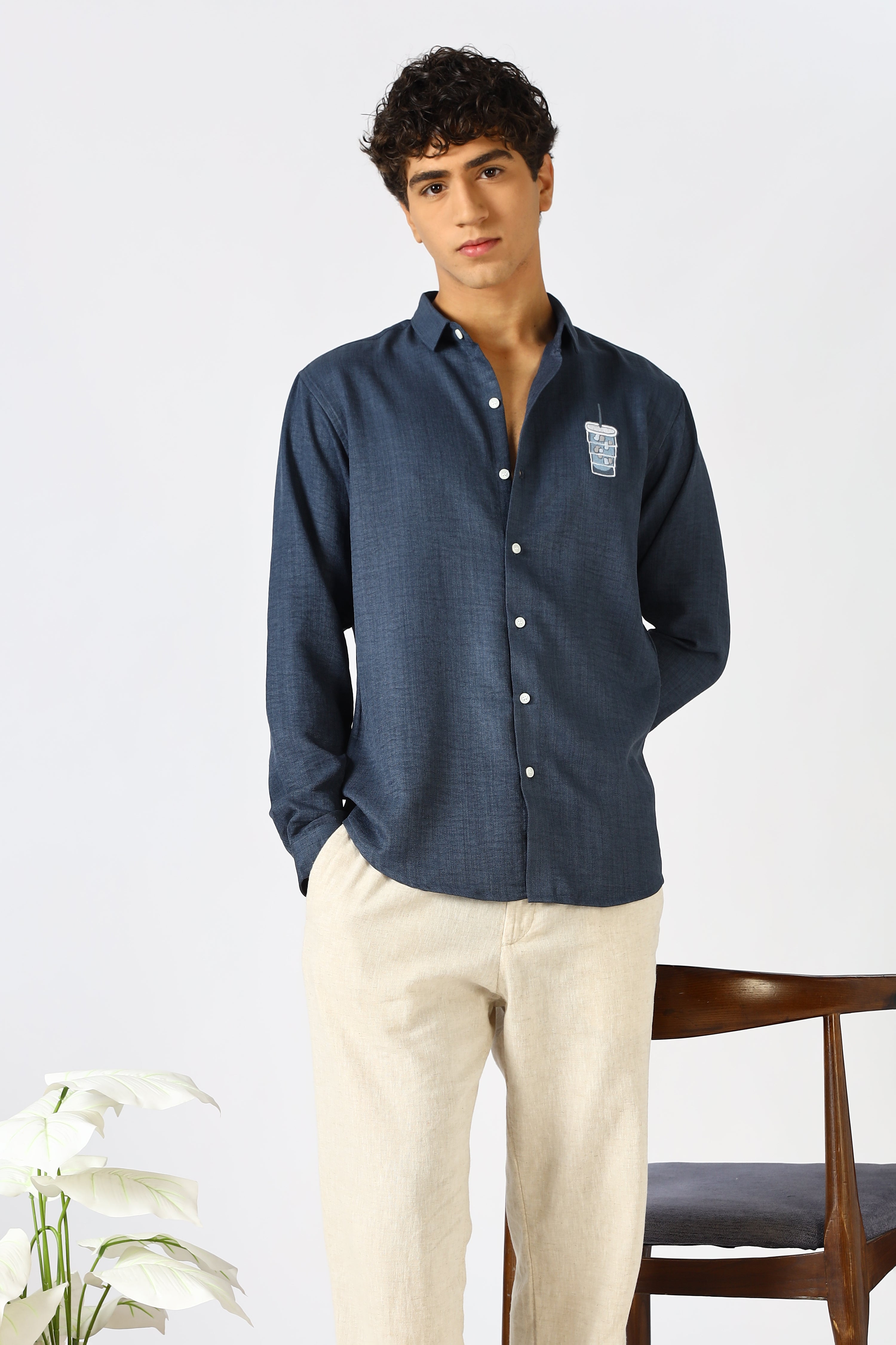 Iced Brew Navy Embroidered Cotton Shirt