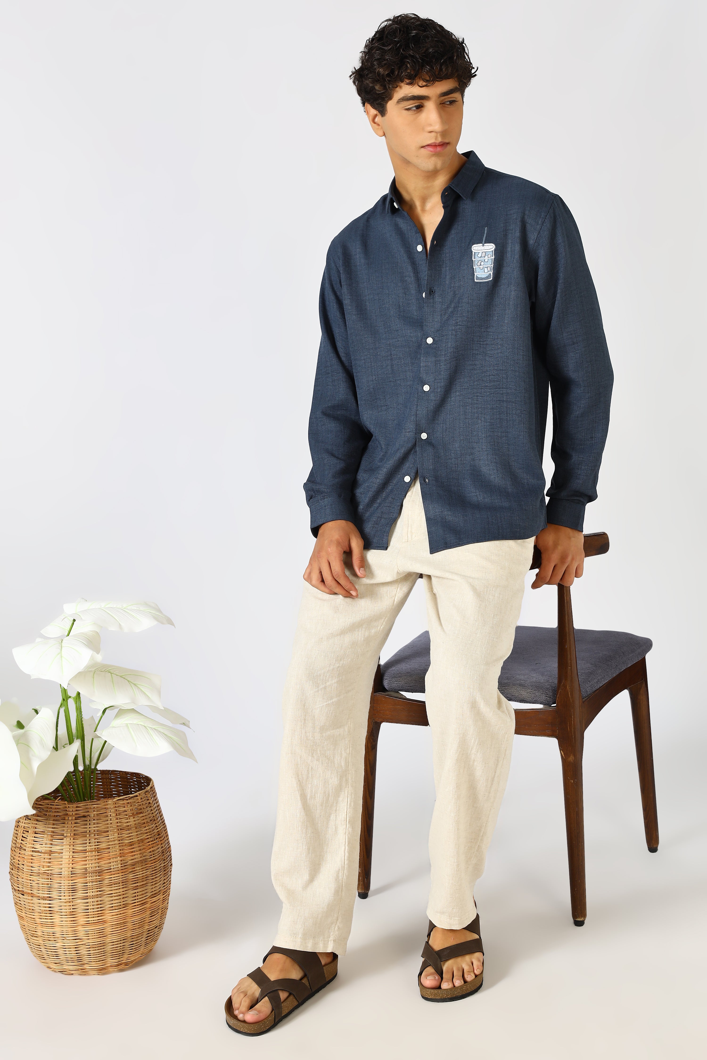 Iced Brew Navy Embroidered Cotton Shirt