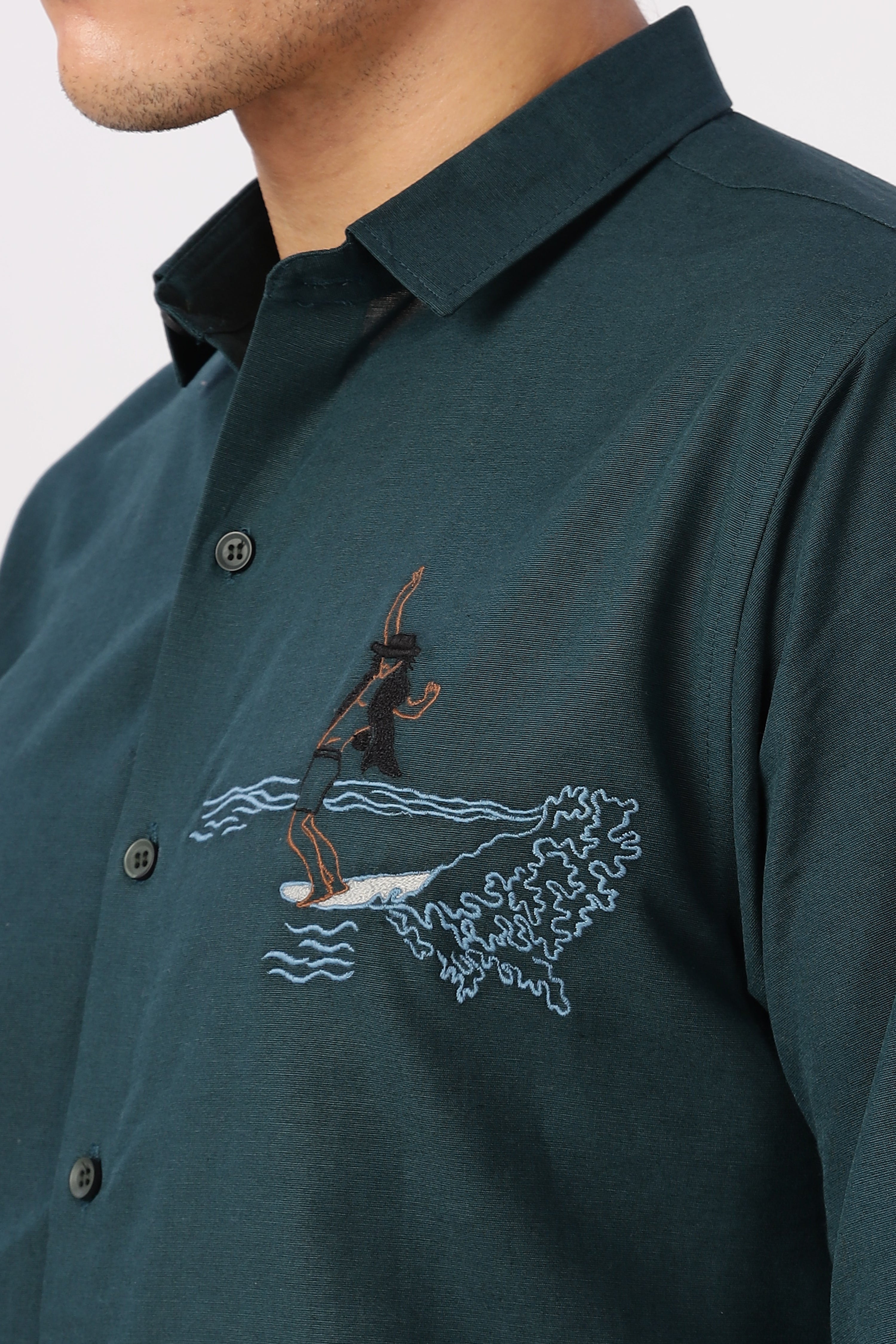 Wave Rider Embroidered Teal Cotton Shirt