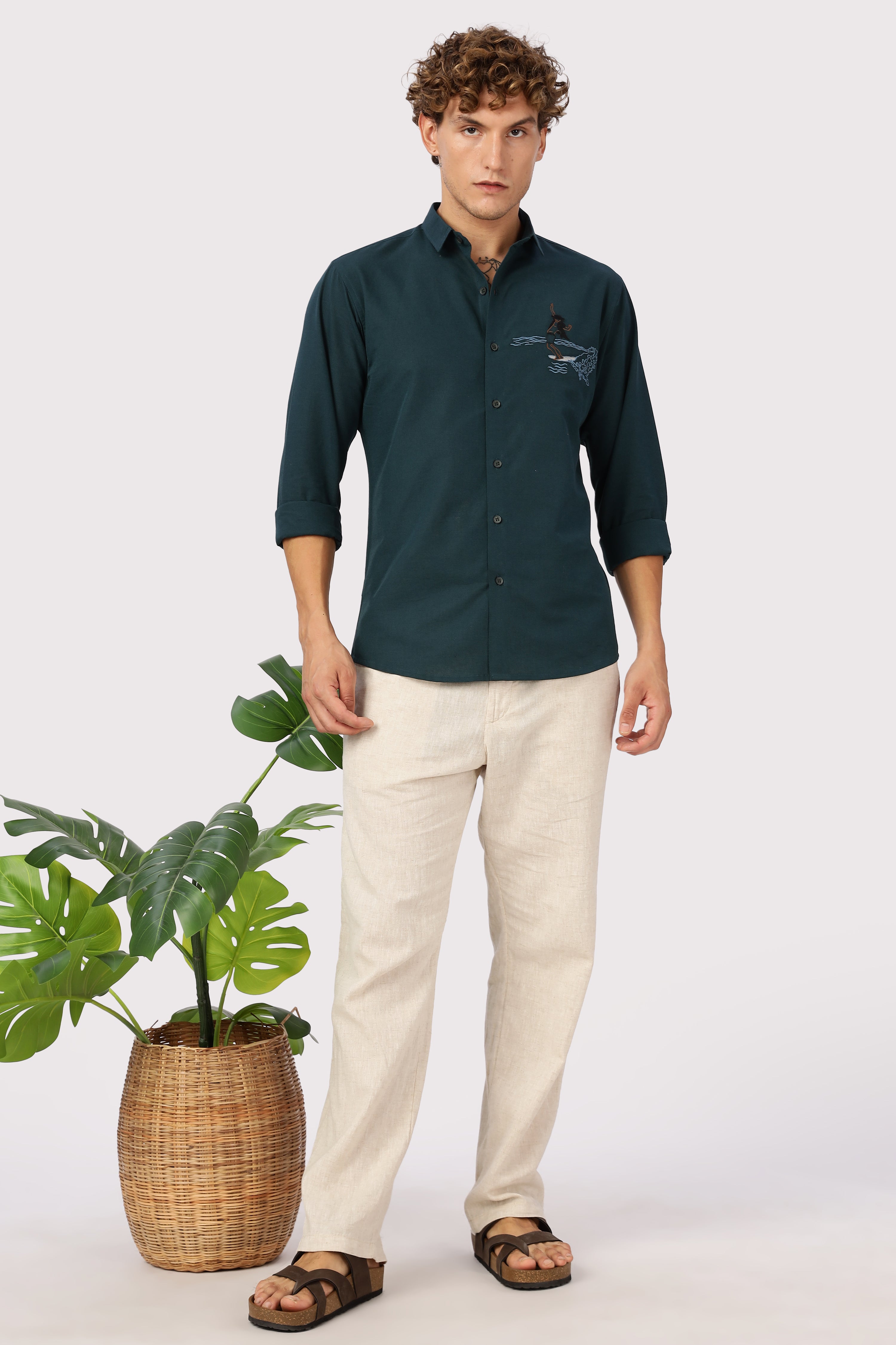Wave Rider Embroidered Teal Cotton Shirt