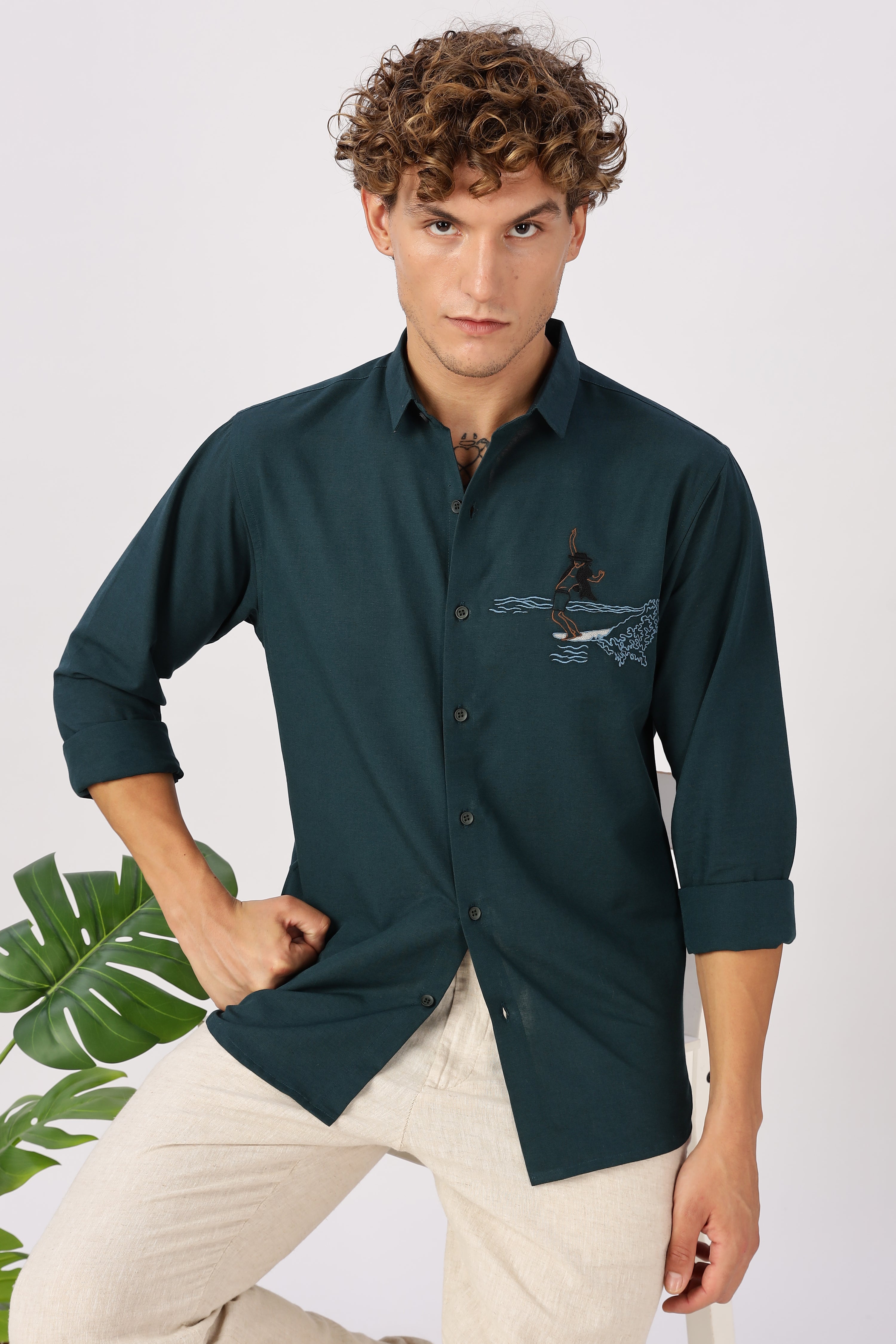 Wave Rider Embroidered Teal Cotton Shirt