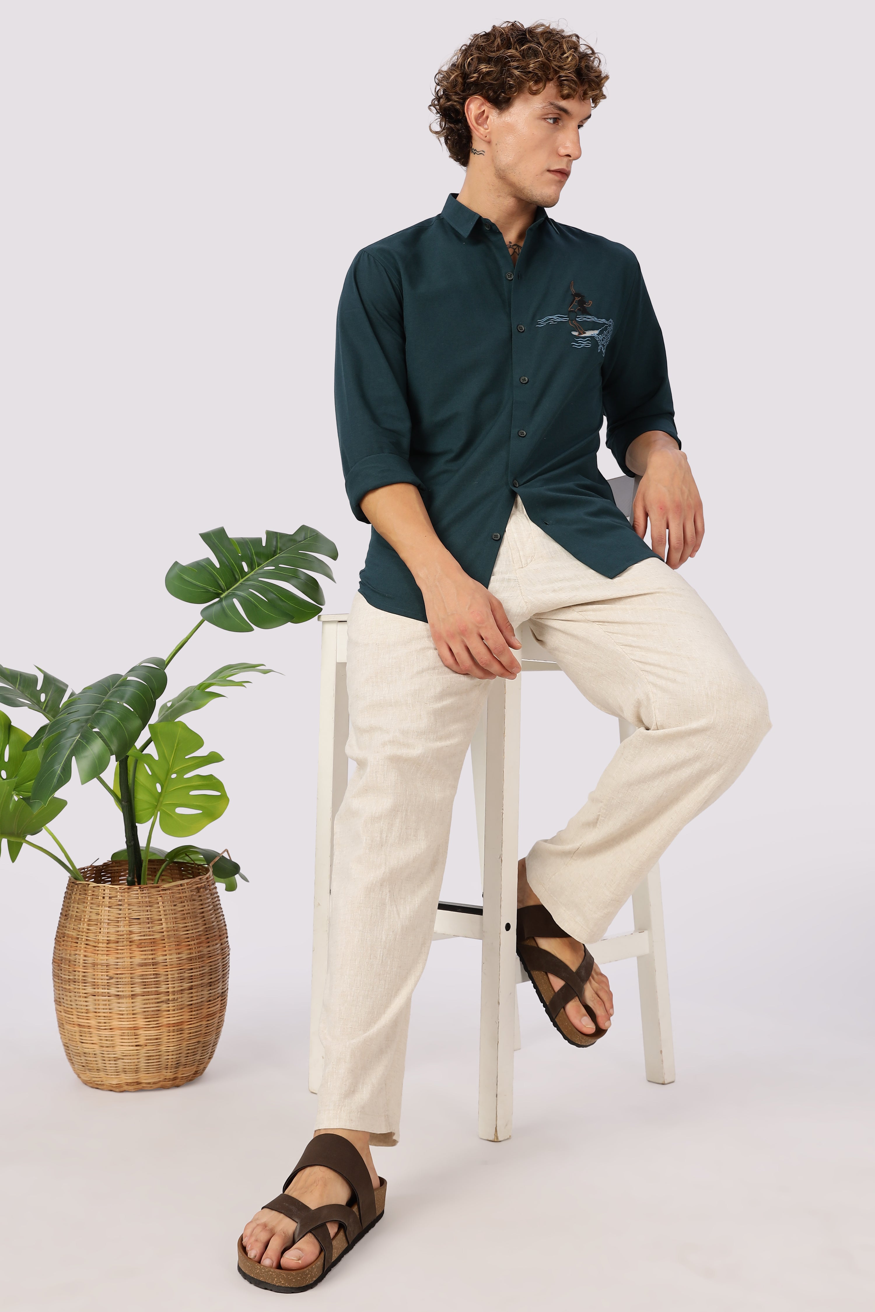 Wave Rider Embroidered Teal Cotton Shirt