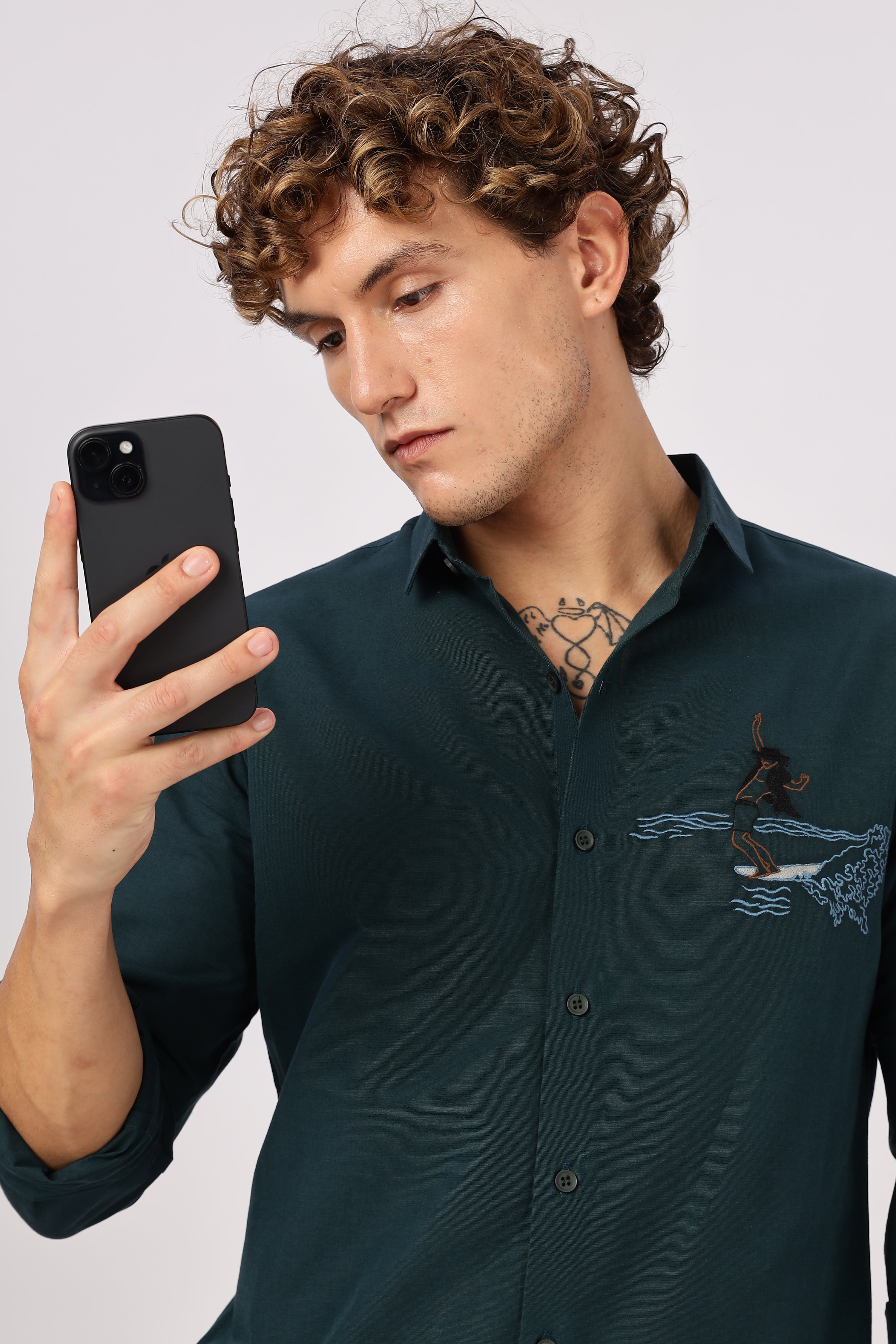 Wave Rider Embroidered Teal Cotton Shirt