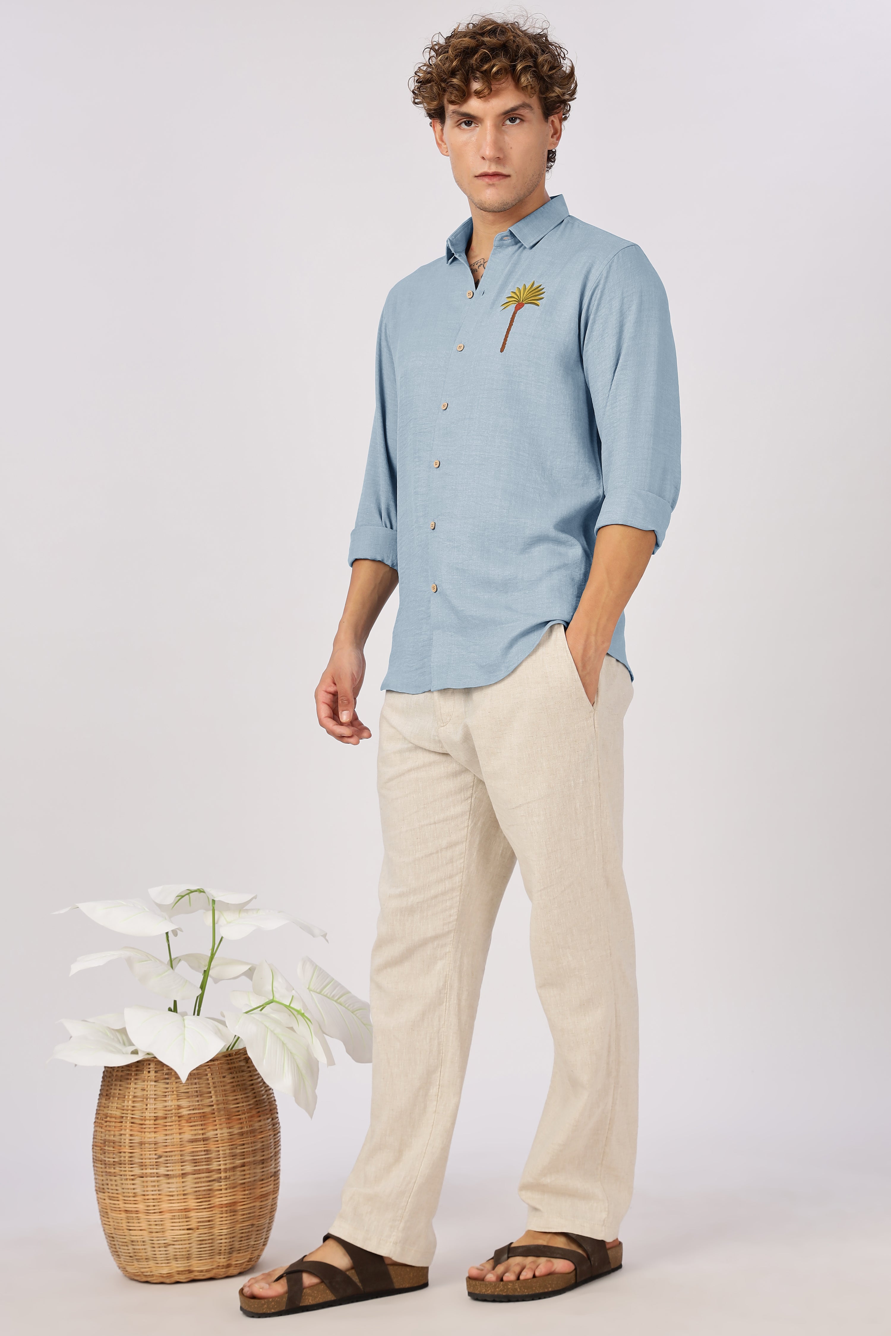 Palm Cove Breeze Cotton Regular Fit Blue Embroidered Shirt