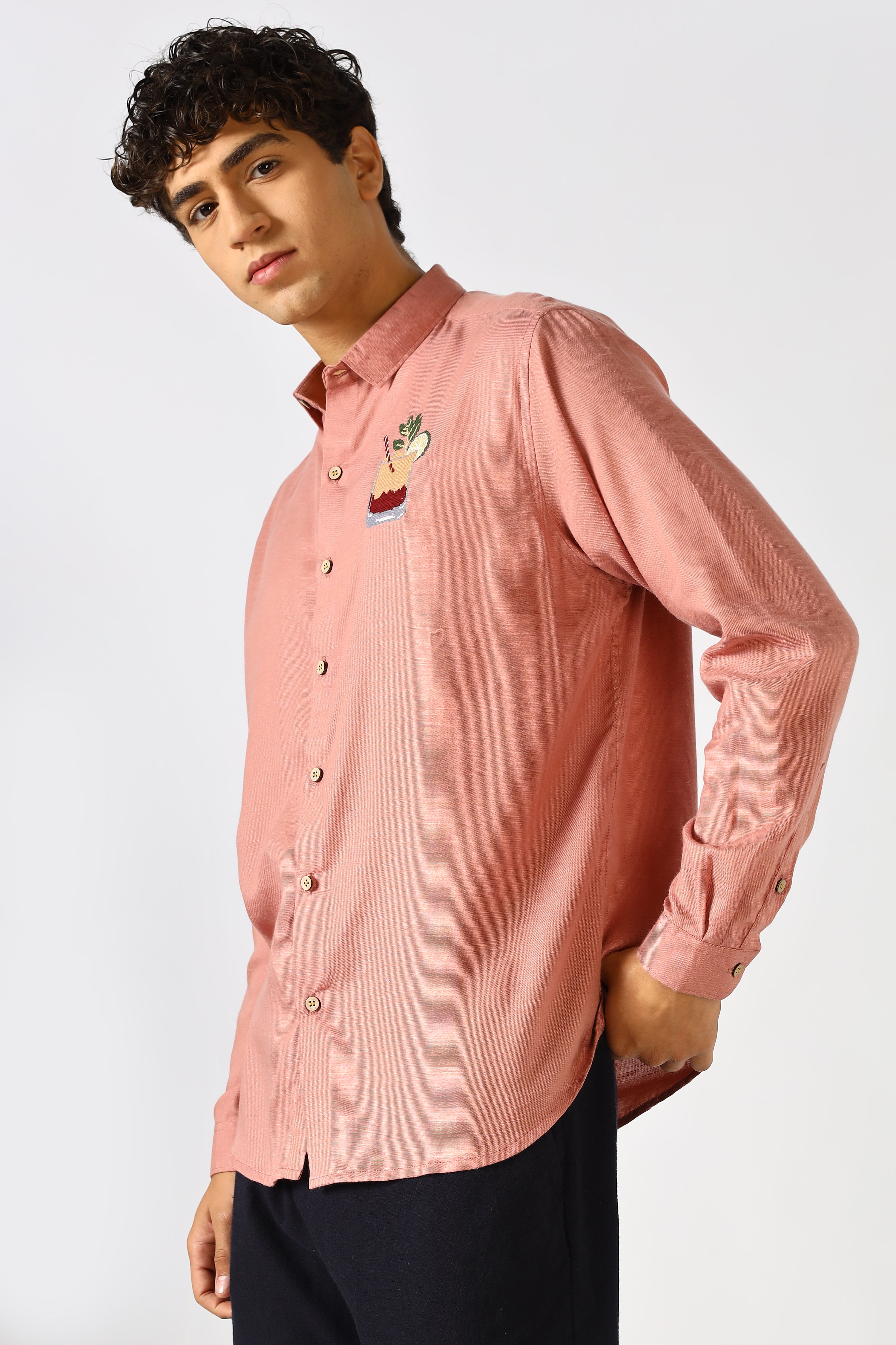 Sundowner Spritz Cotton Regular Fit Dusty Pink Embroidered Shirt