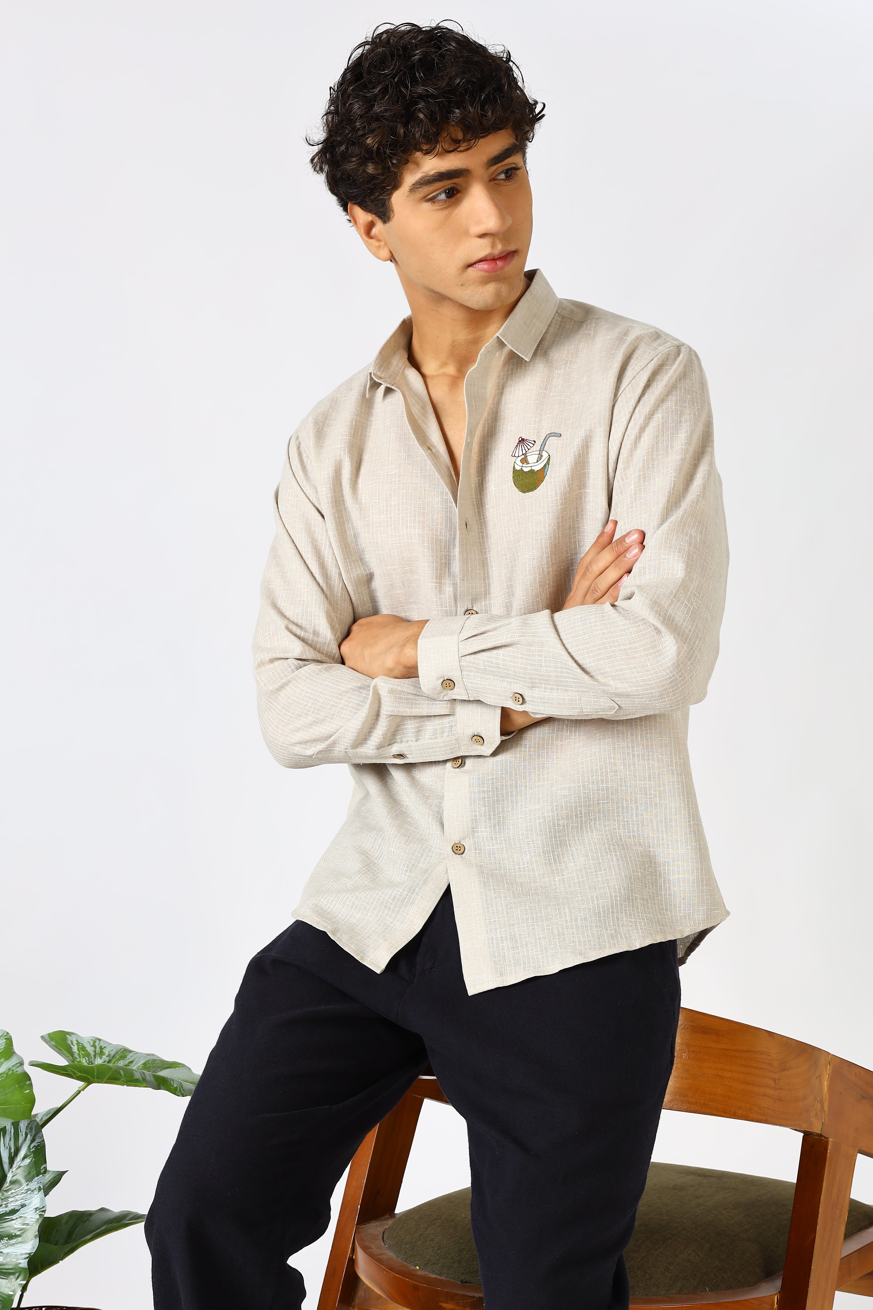 Coconut Life 100% Cotton Regular Fit Brown Embroidered Shirt