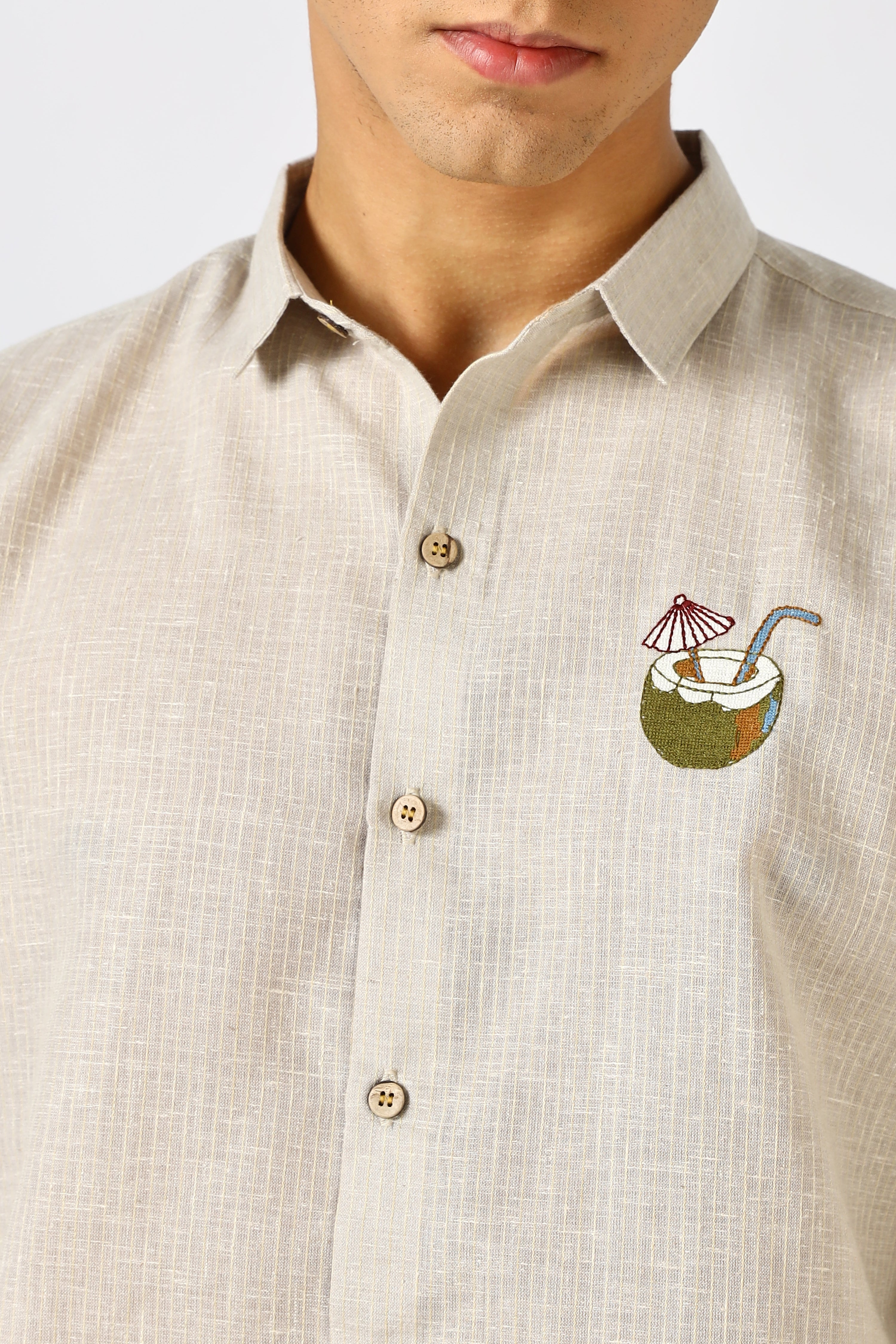 Coconut Life 100% Cotton Regular Fit Brown Embroidered Shirt