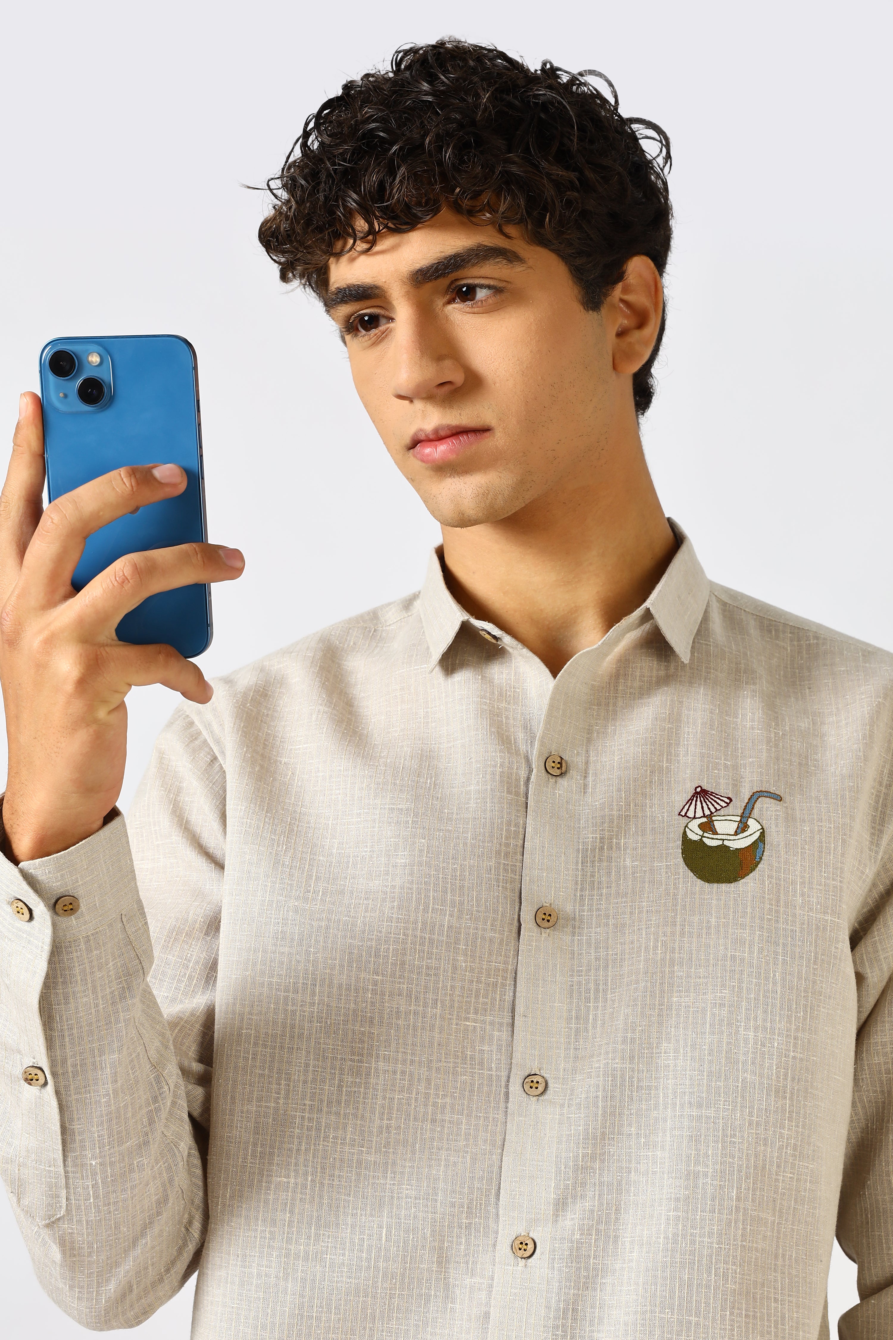 Coconut Life 100% Cotton Regular Fit Brown Embroidered Shirt
