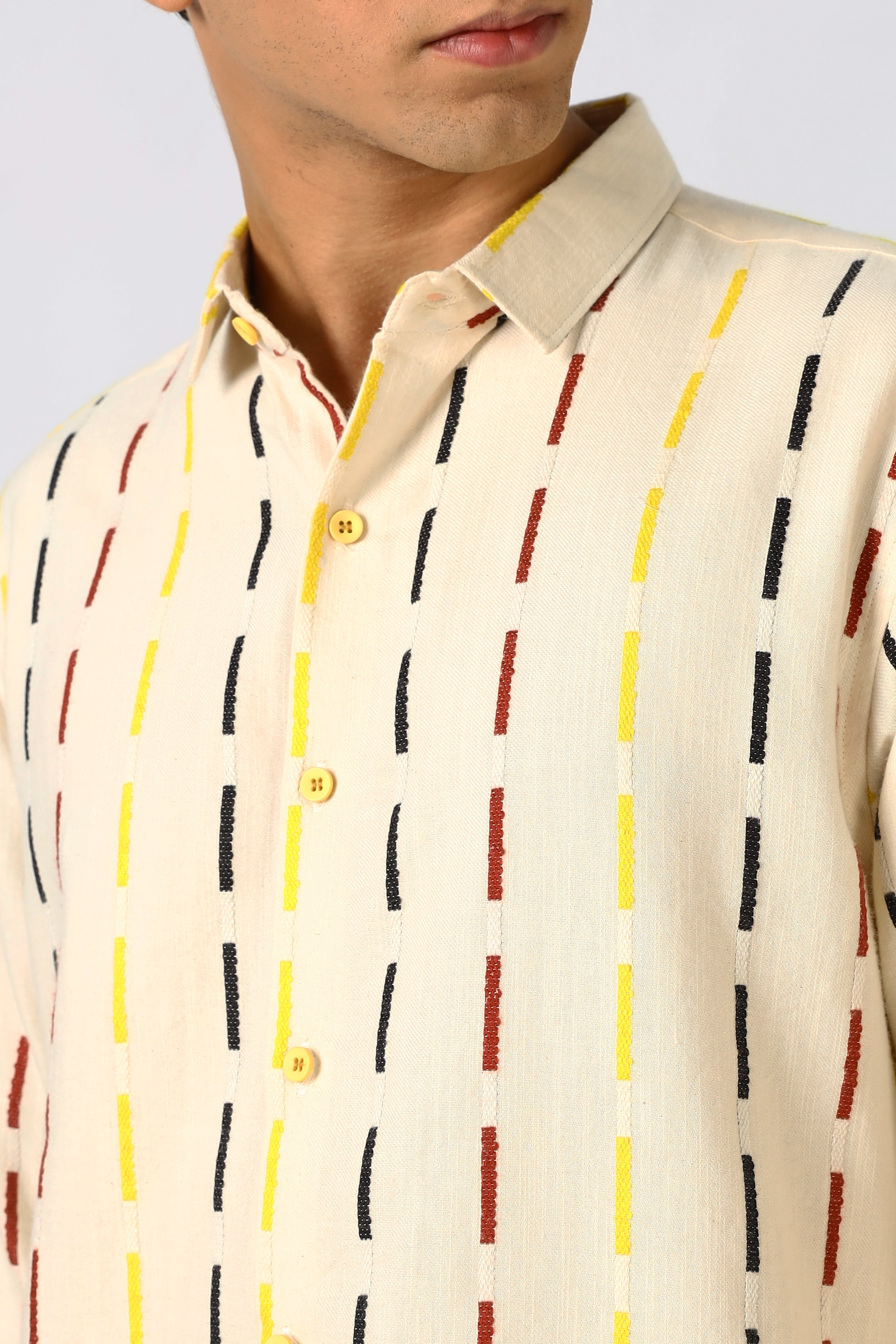 Golden Dash Cotton Regular Fit Cream Striped Shirt