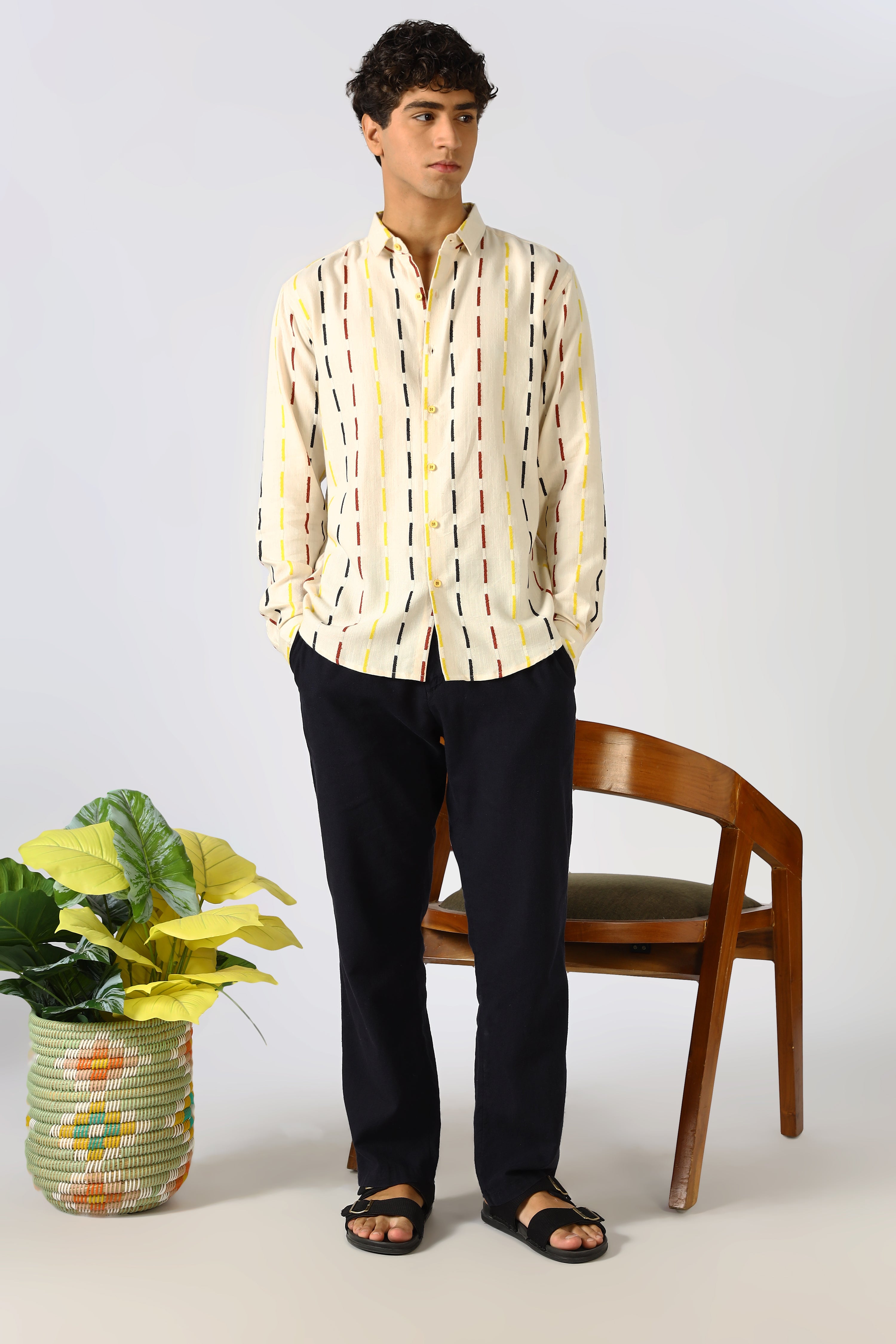 Golden Dash Cotton Regular Fit Cream Striped Shirt