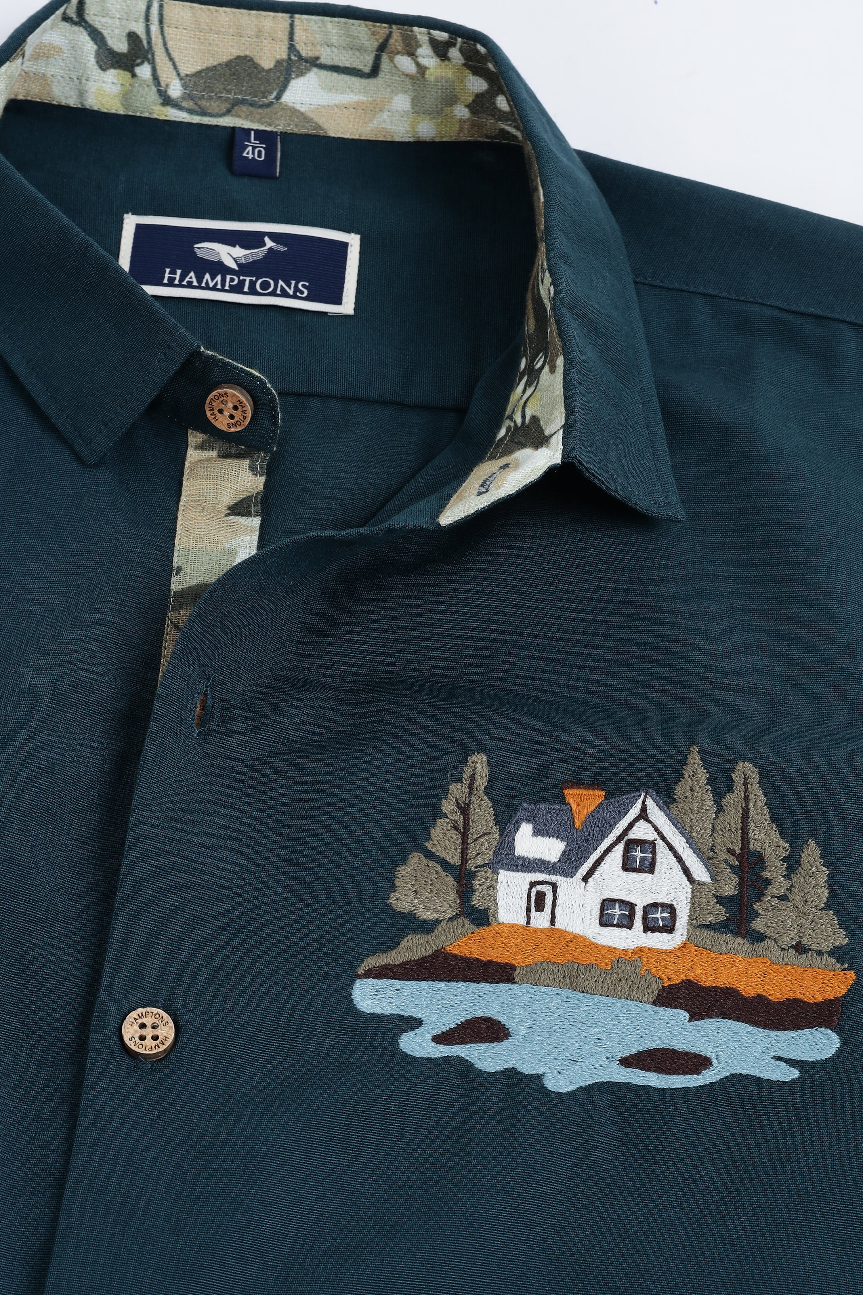 Lakeside Forest Cabin Embroidered Cotton Shirt