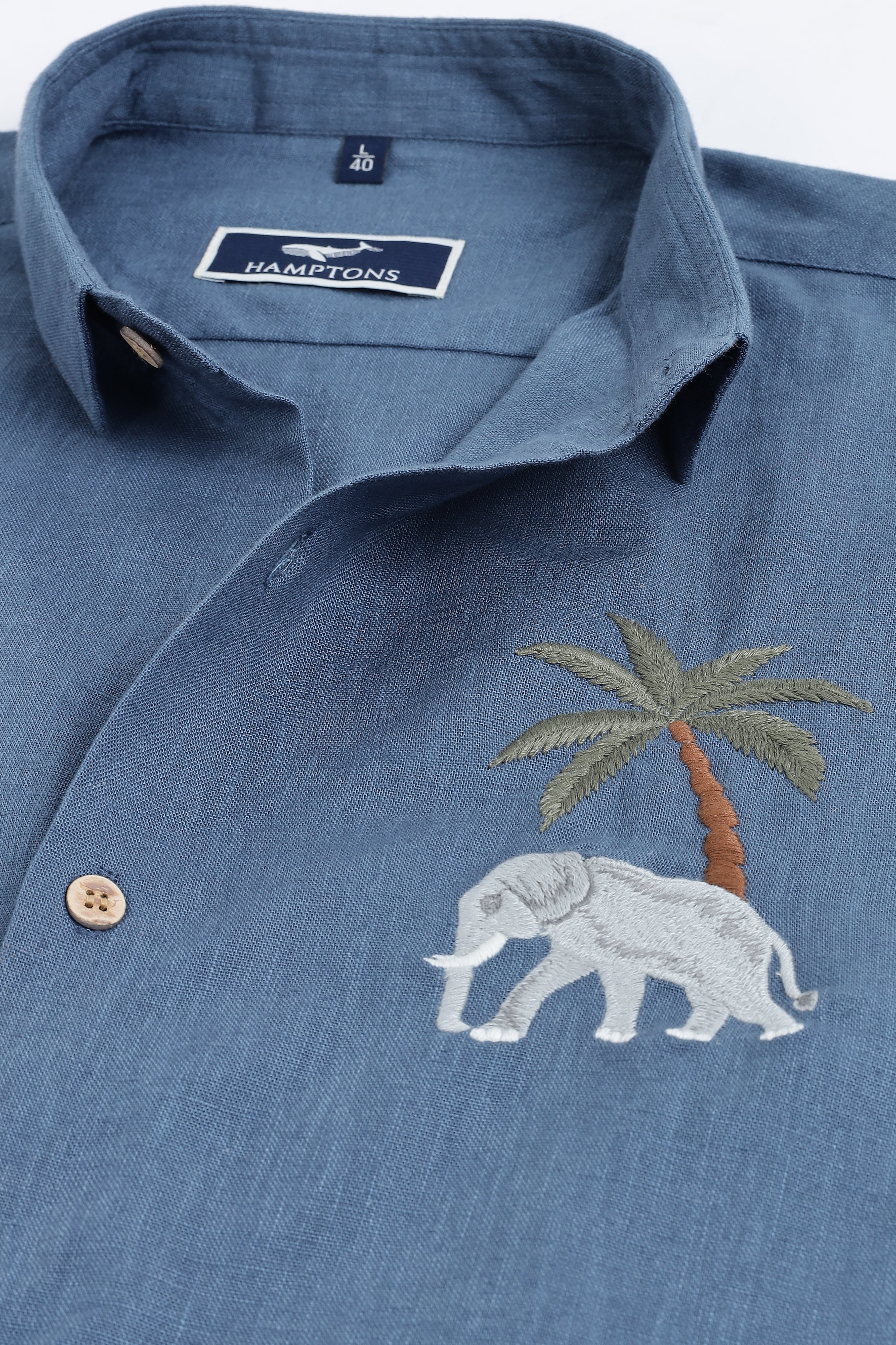 Elephant Savanna Cotton Regular Fit Blue Embroidered Shirt
