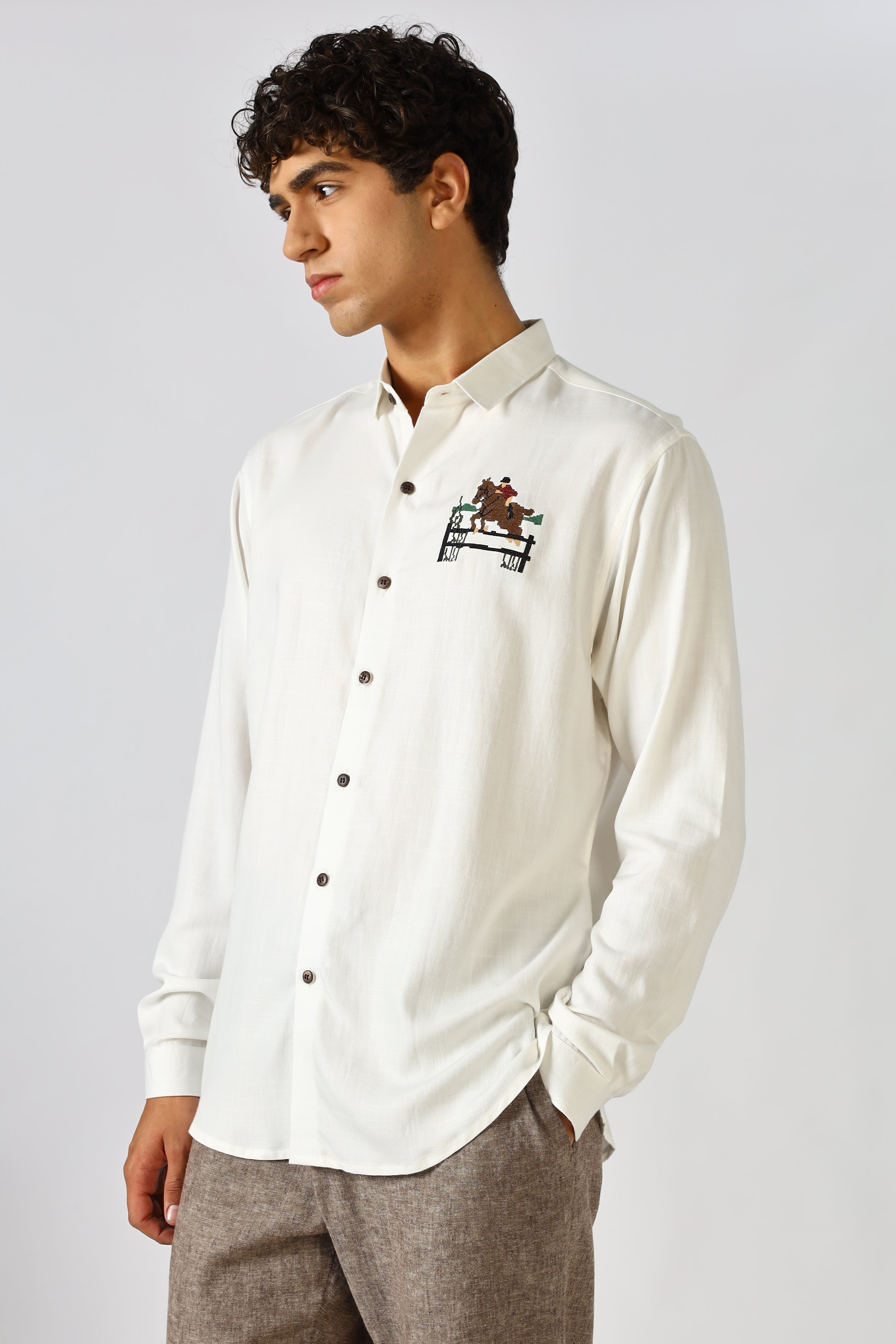 Equestrian Mark Cotton Regular Fit White Embroidered Shirt