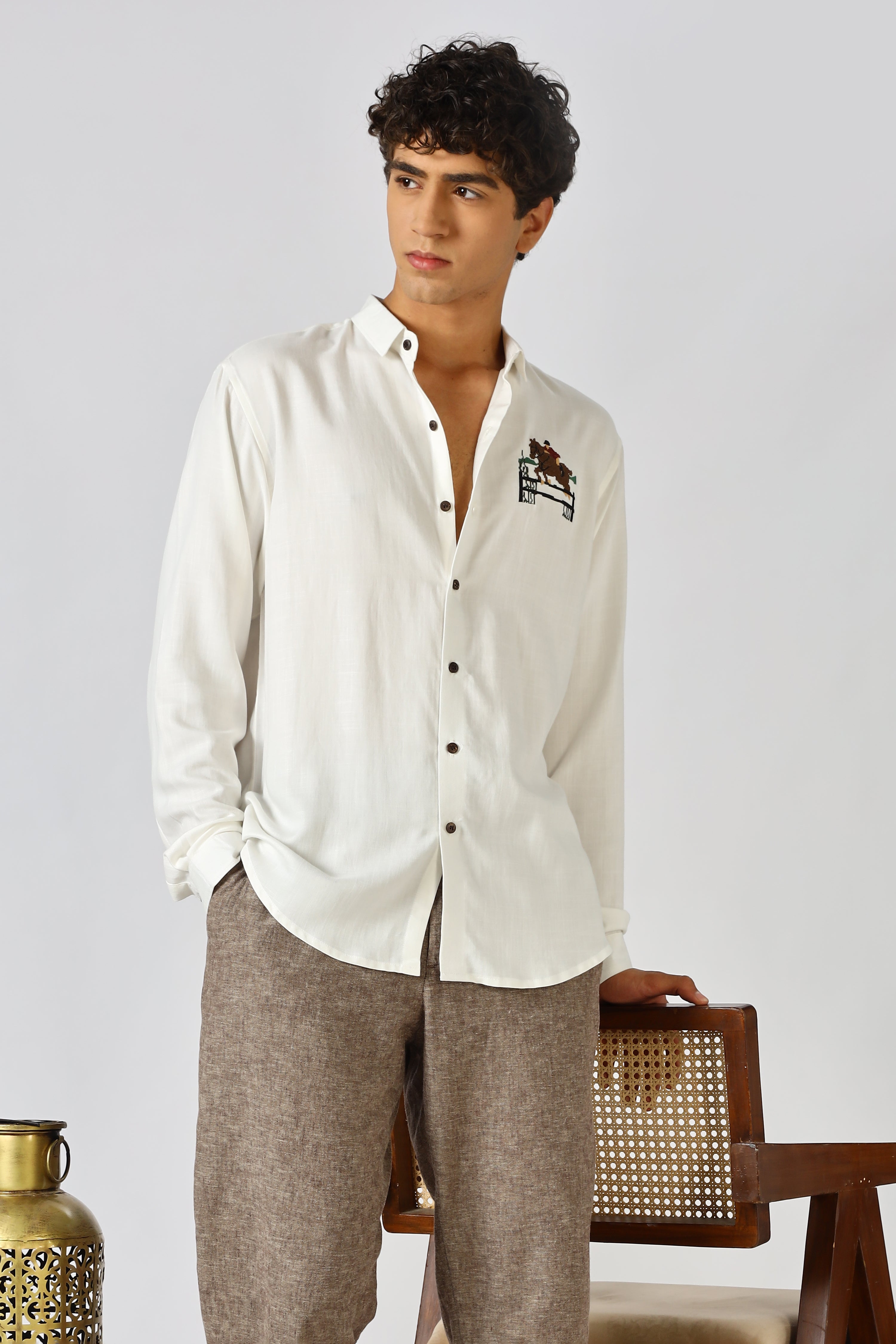 Equestrian Mark Cotton Regular Fit White Embroidered Shirt