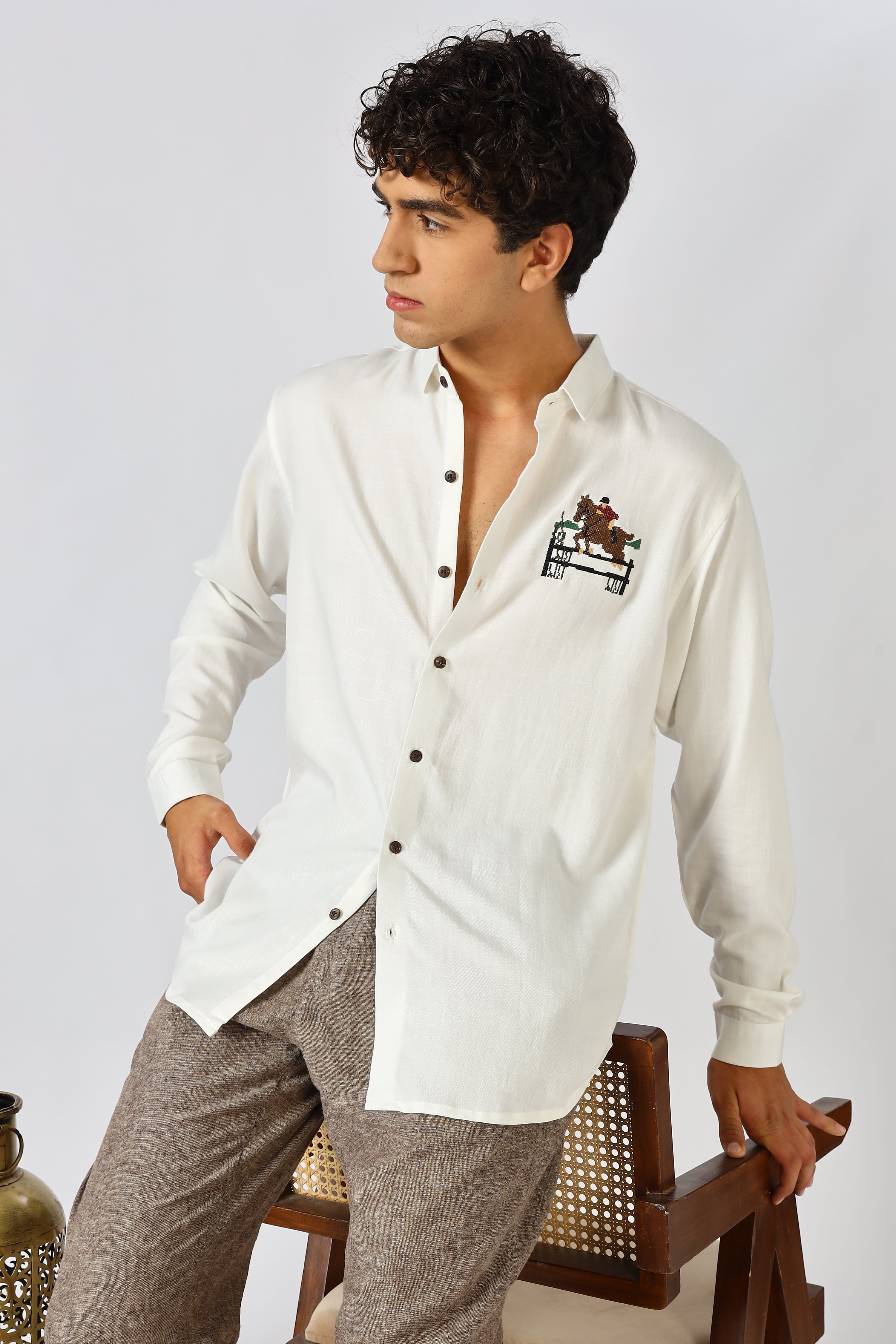 Equestrian Mark Cotton Regular Fit White Embroidered Shirt
