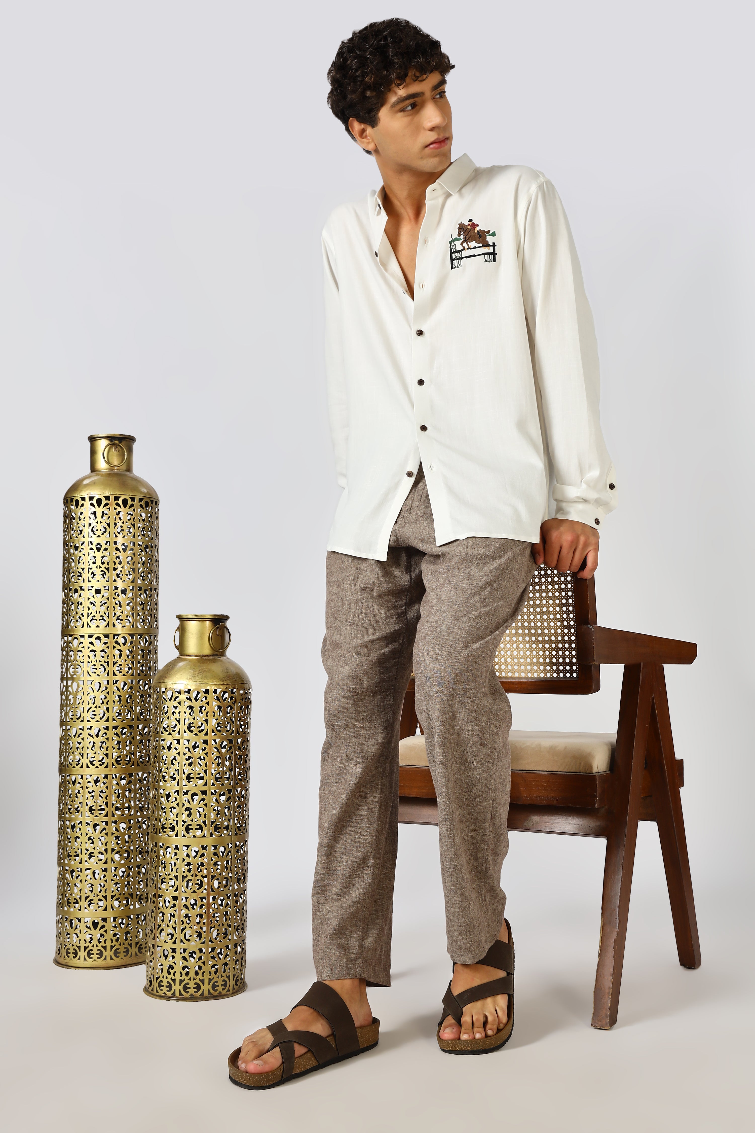 Equestrian Mark Cotton Regular Fit White Embroidered Shirt