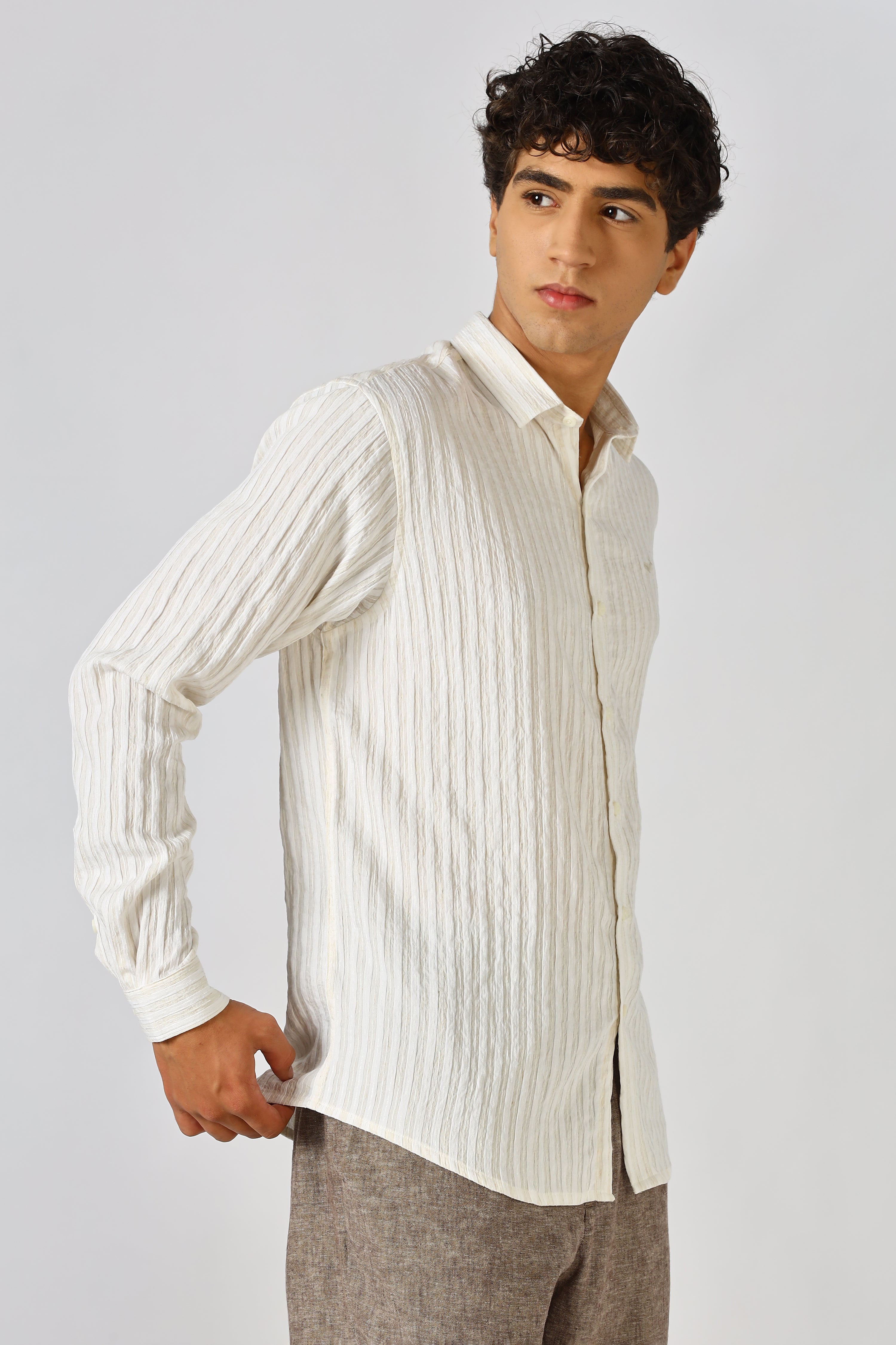 Milan Beige Seersucker Striped Essential Shirt