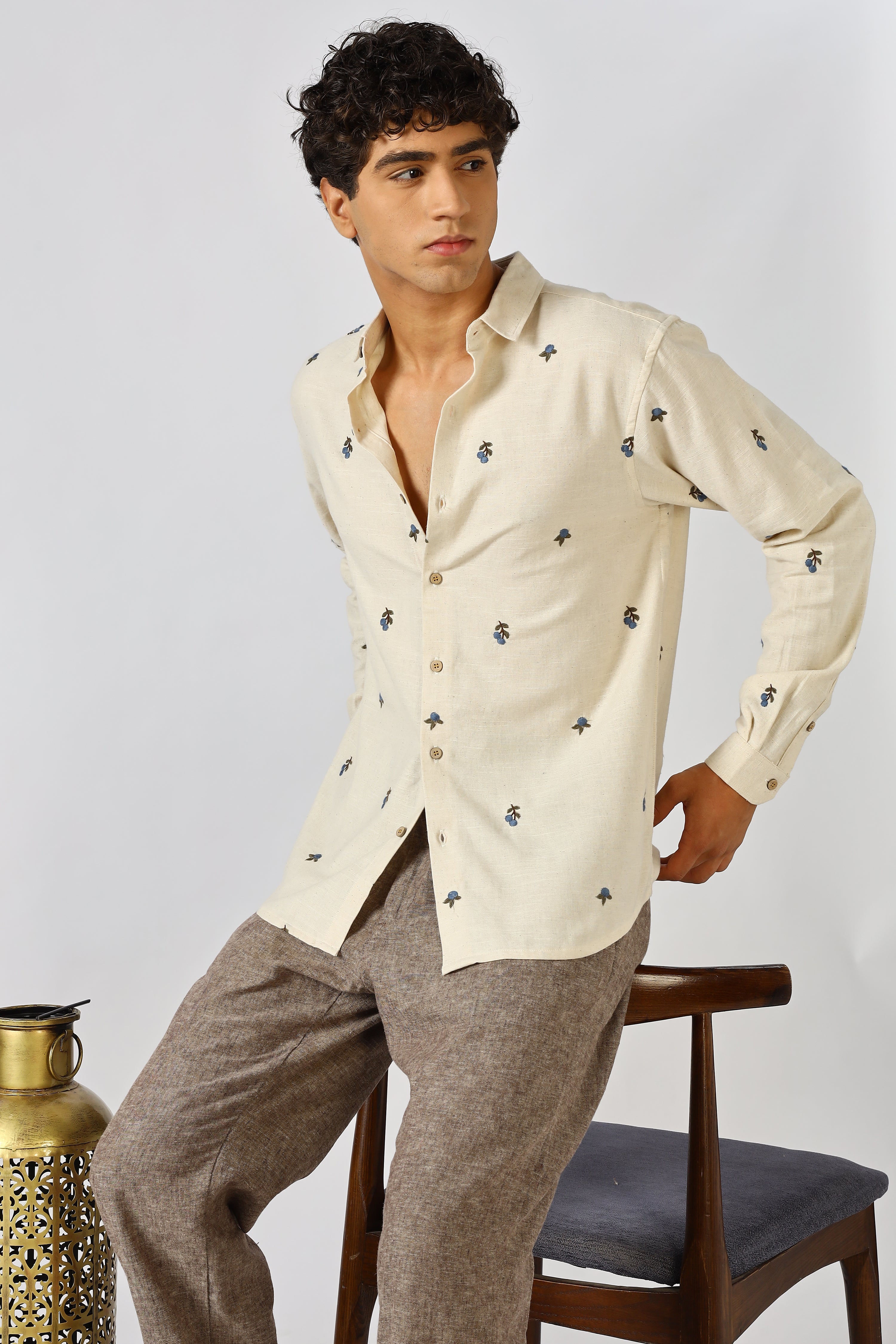 Ivory Blueberry Beige Embroidered Shirt