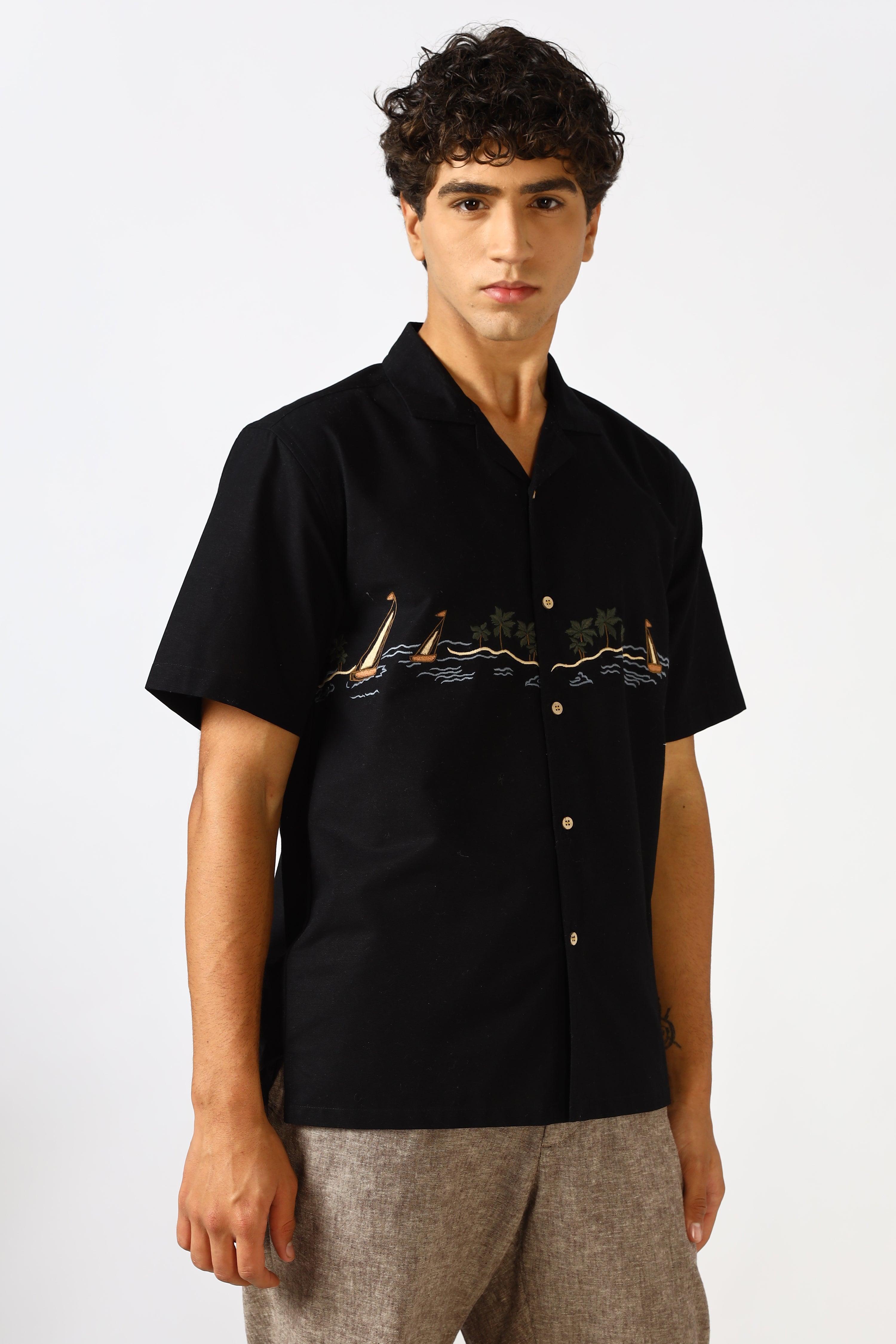 Seabreeze Voyage Cotton Box Fit Black Embroidered Shirt