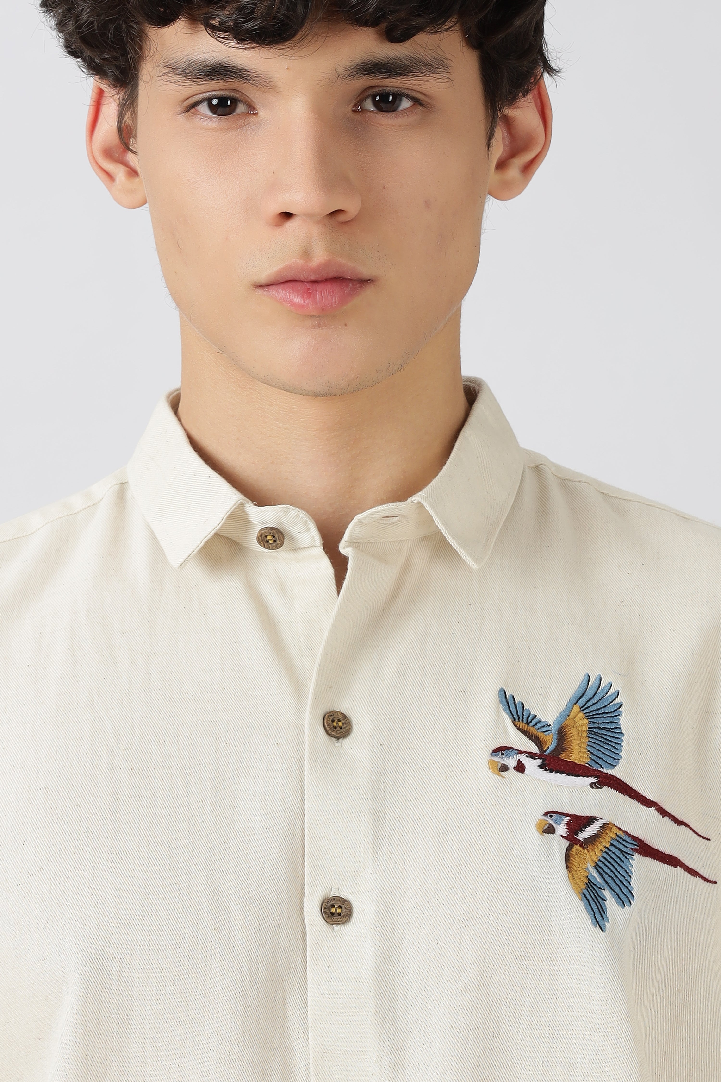 Twin Parrot Cotton Regular Fit Beige Embroidered Shirt