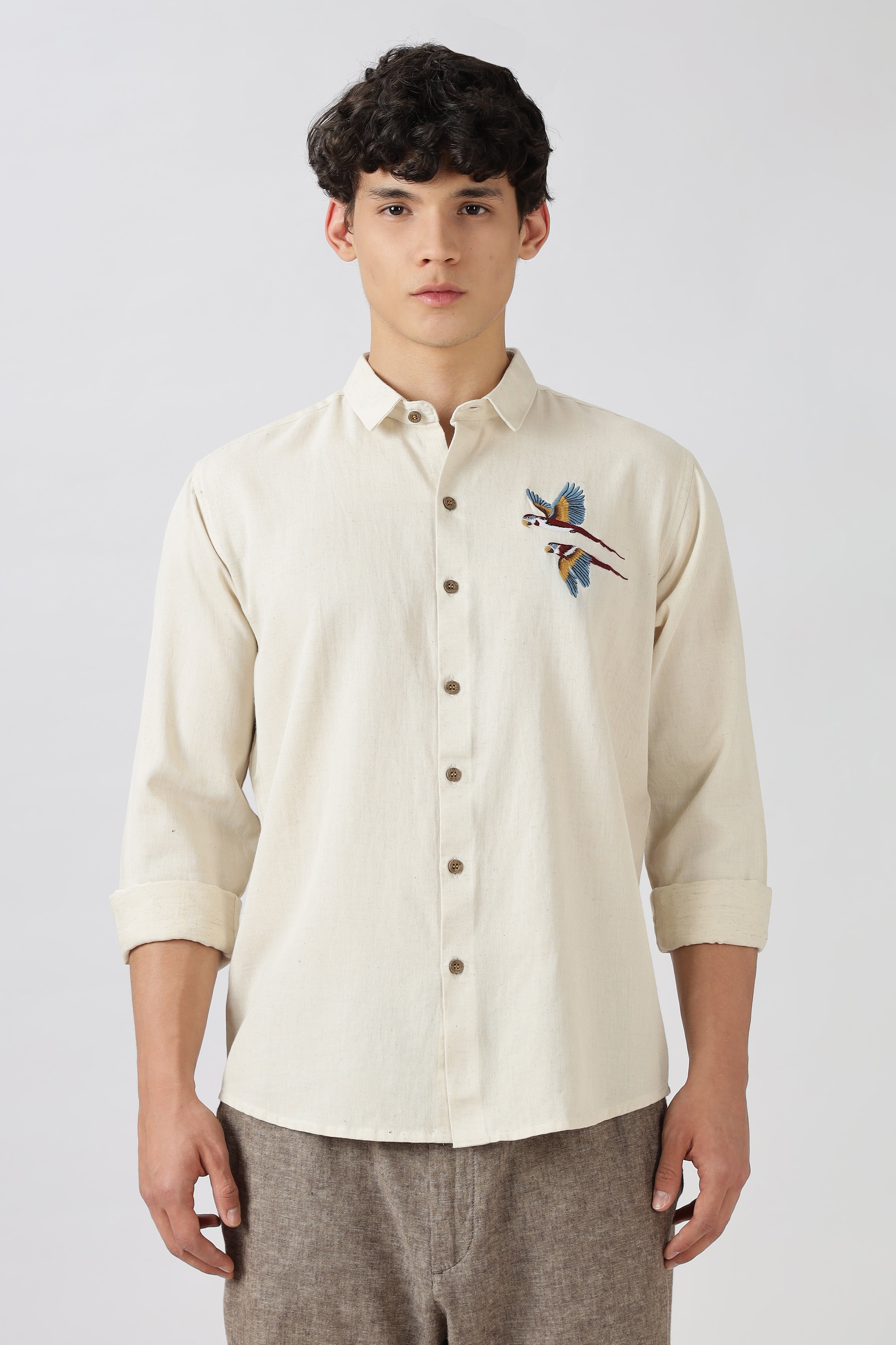 Twin Parrot Cotton Regular Fit Beige Embroidered Shirt