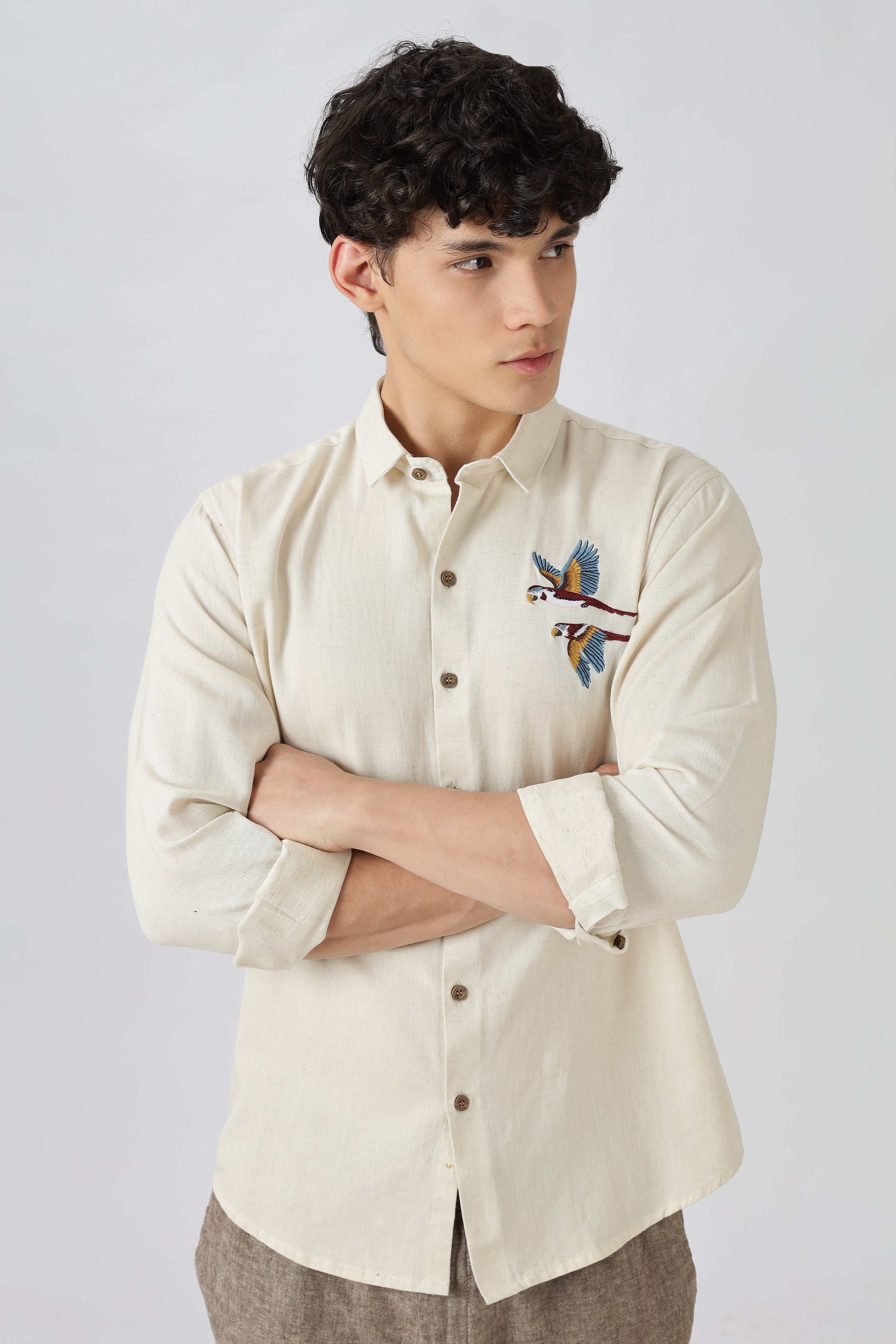 Twin Parrot Cotton Regular Fit Beige Embroidered Shirt