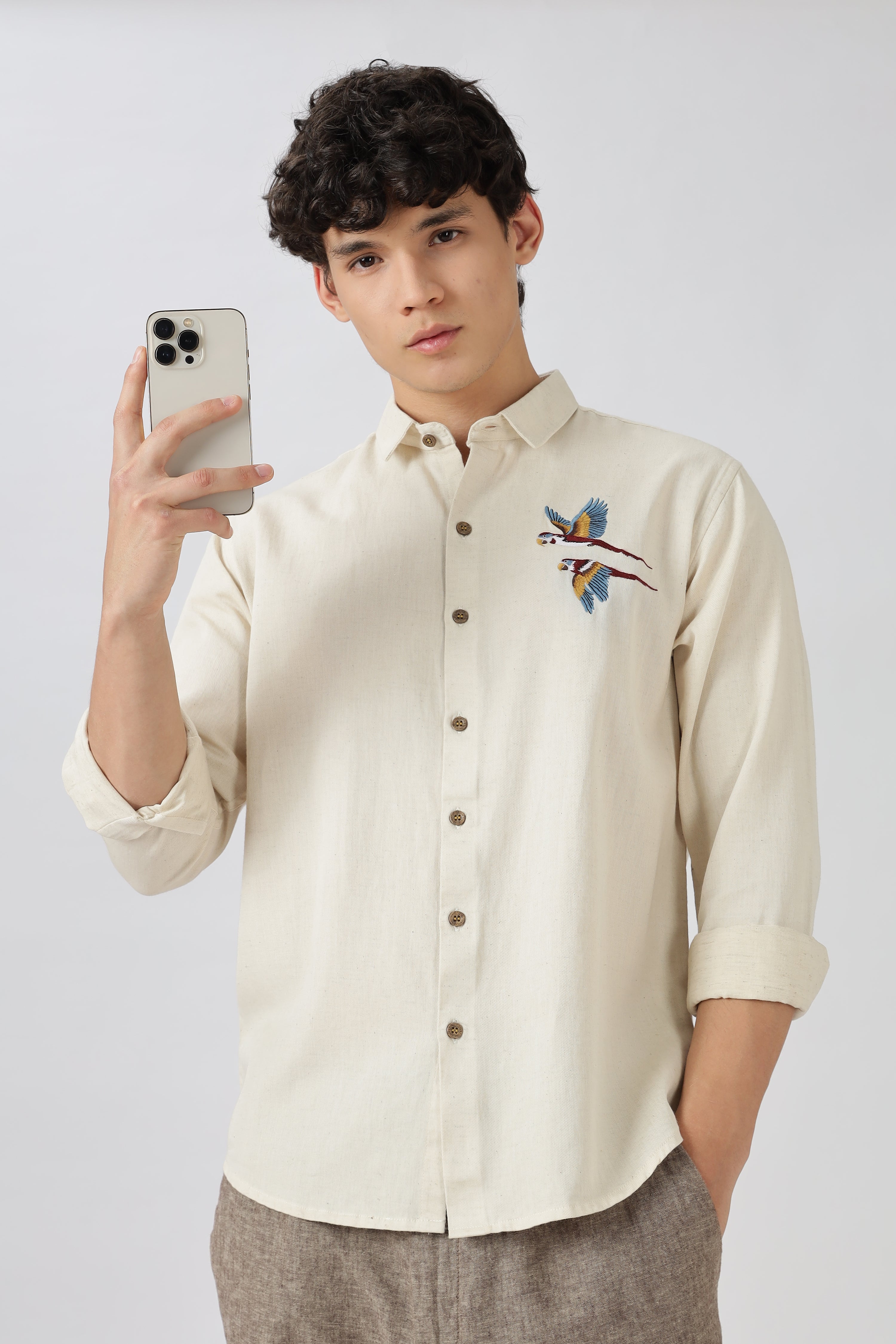 Twin Parrot Cotton Regular Fit Beige Embroidered Shirt