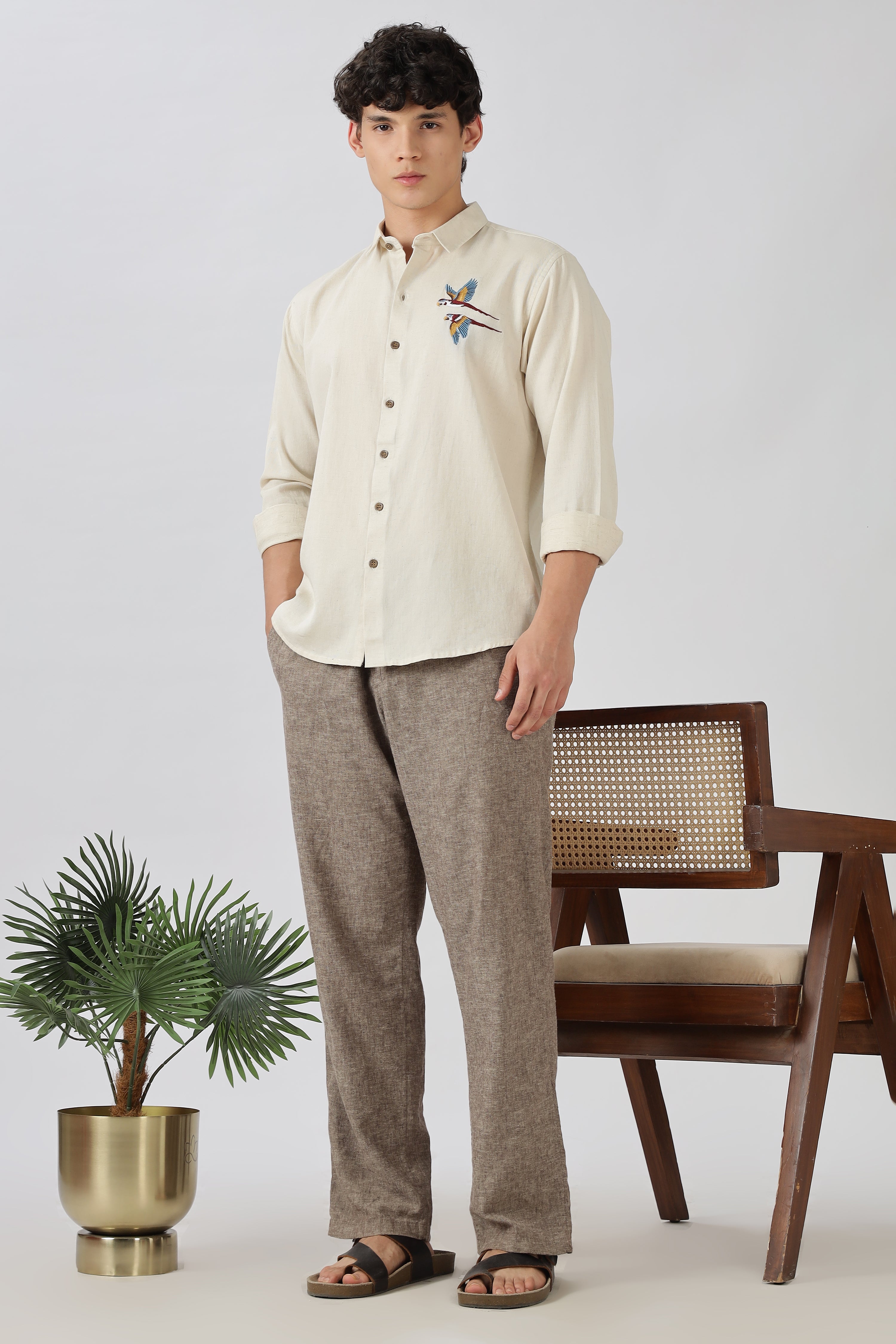 Twin Parrot Cotton Regular Fit Beige Embroidered Shirt