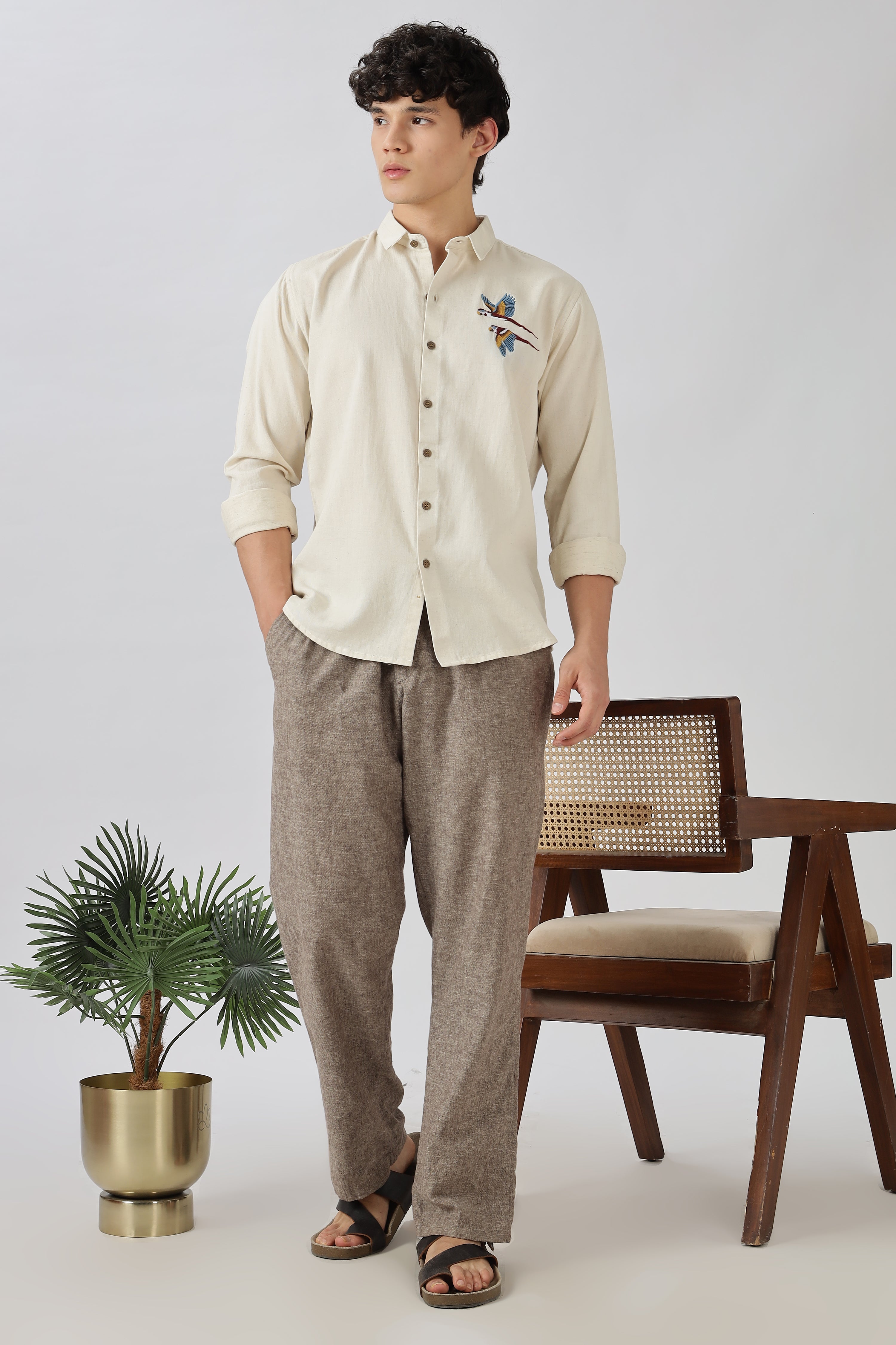 Twin Parrot Cotton Regular Fit Beige Embroidered Shirt
