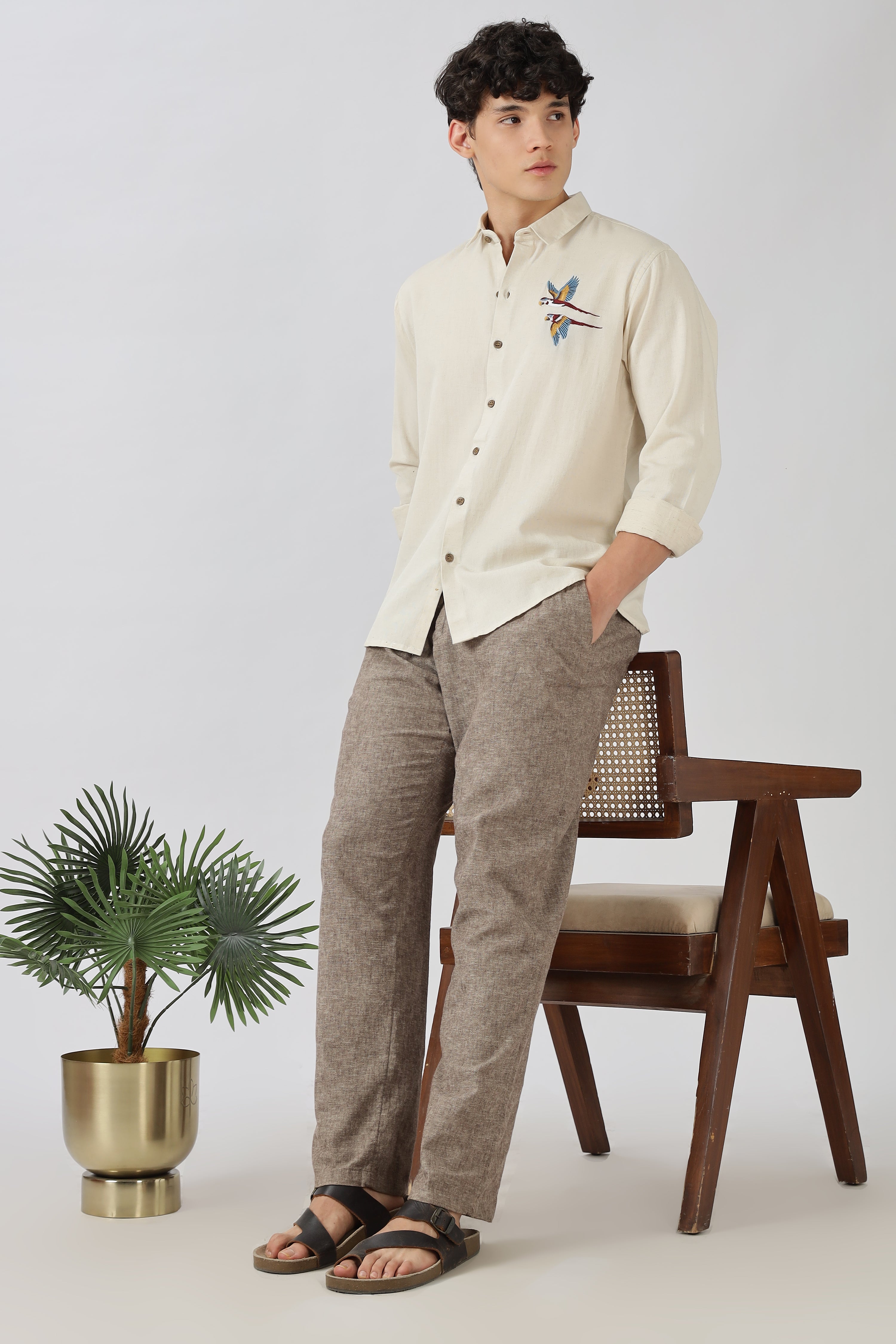 Twin Parrot Cotton Regular Fit Beige Embroidered Shirt