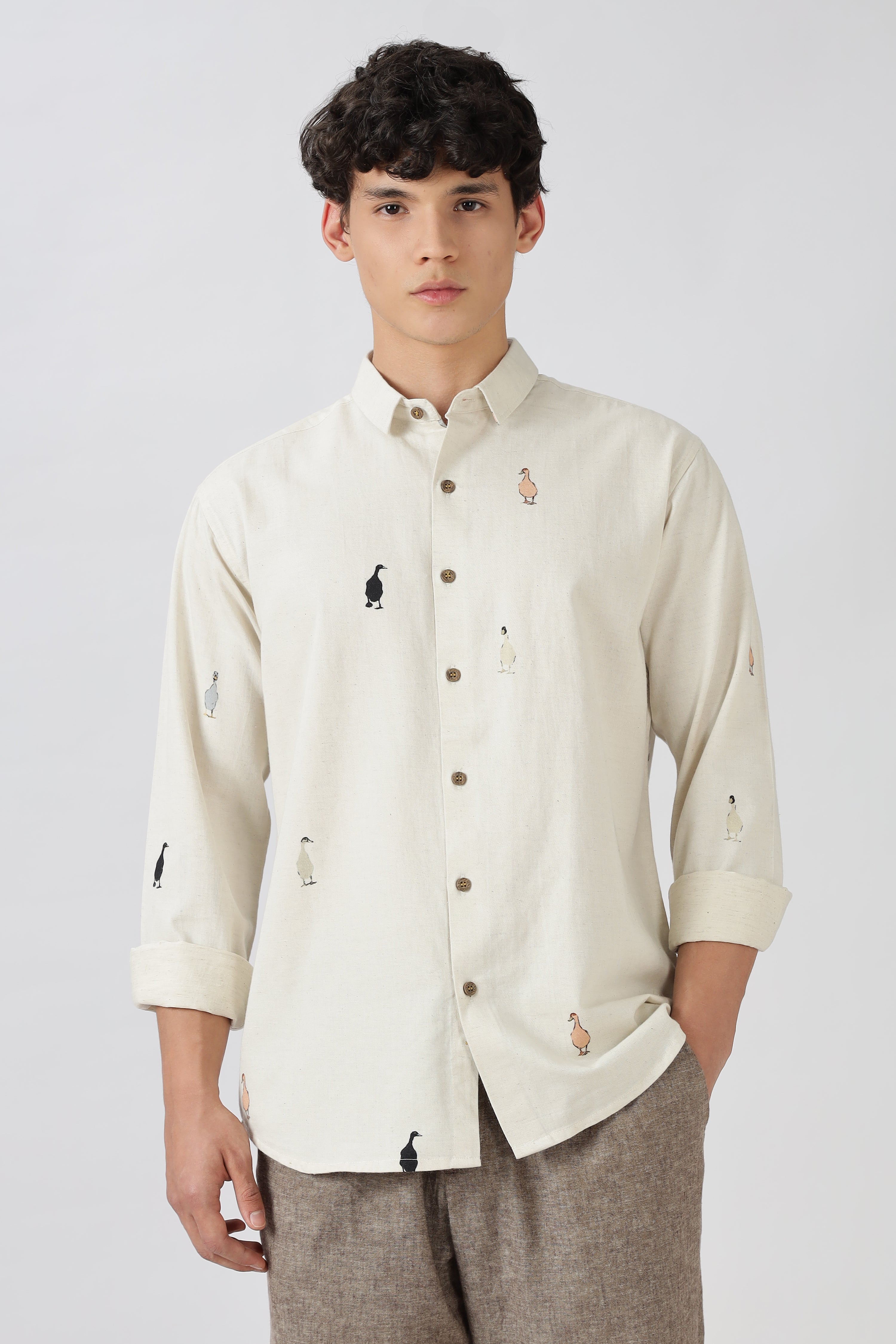 Wandering Ducks Theory Cotton Regular Fit Beige Printed Shirt