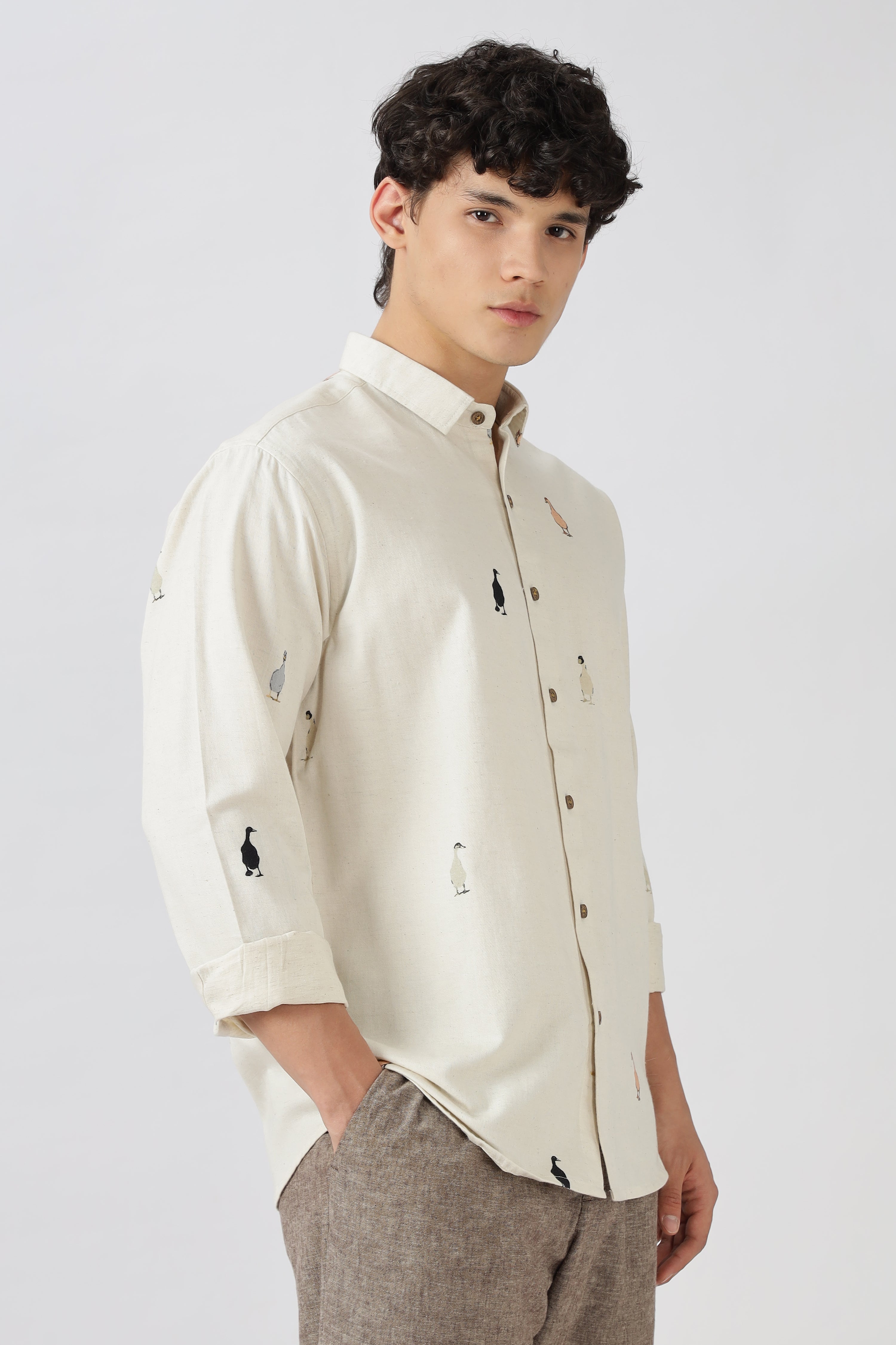 Wandering Ducks Theory Cotton Regular Fit Beige Printed Shirt