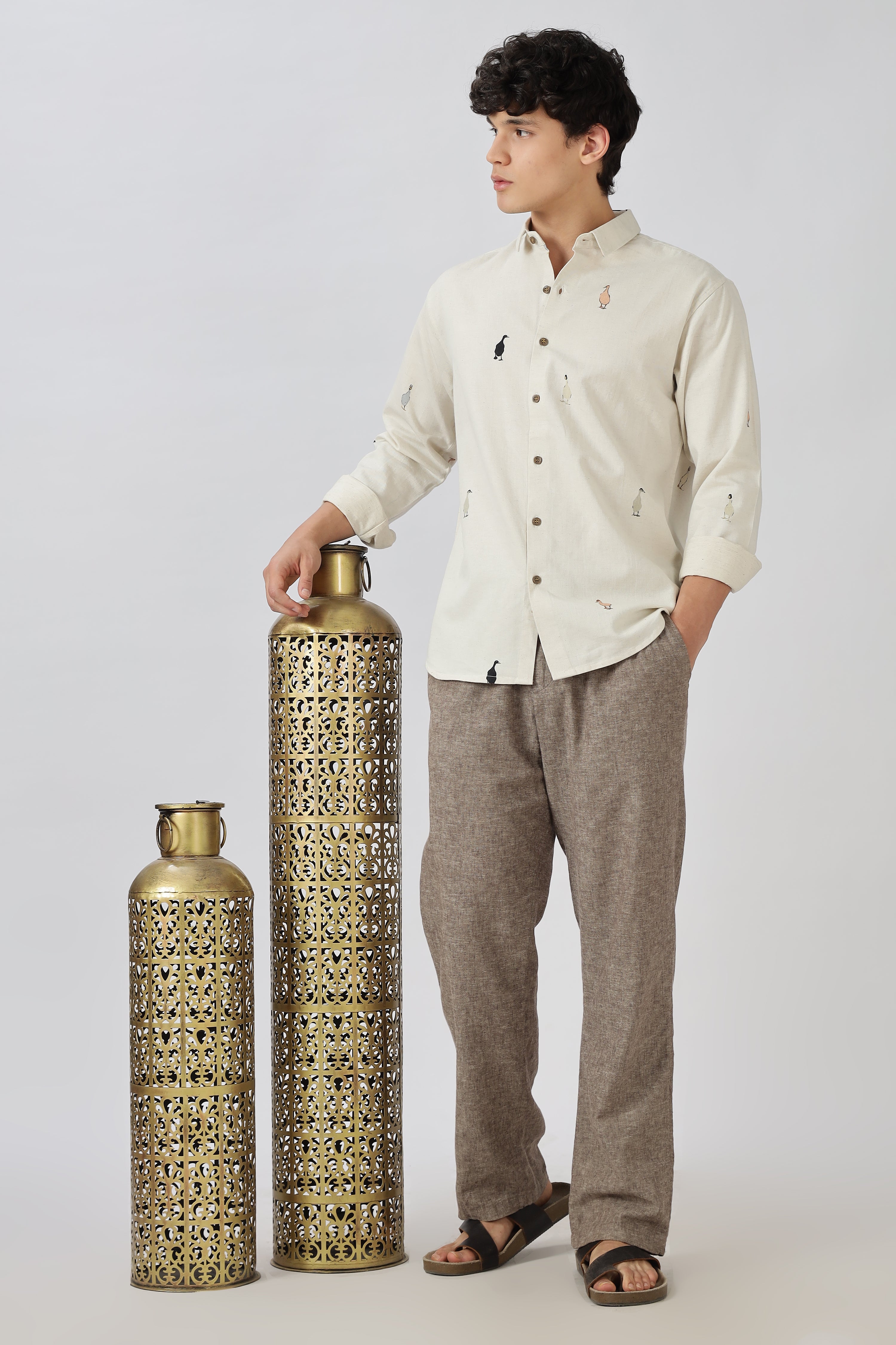 Wandering Ducks Theory Cotton Regular Fit Beige Printed Shirt